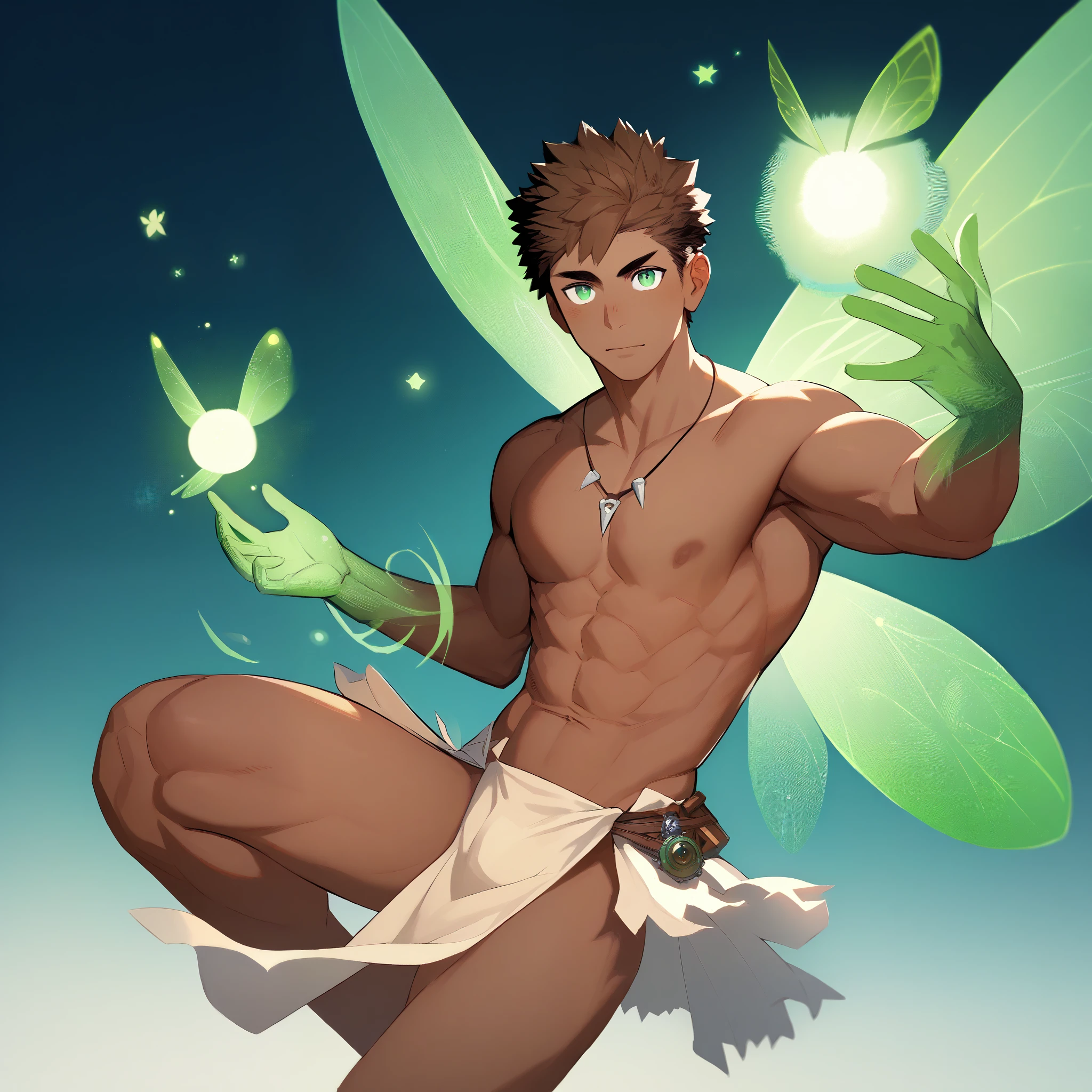 rating explicit, source anime, cinematic angle, motion lines, focus male, muscle, 1boy, whole body, dark skin male, handsome, green eyes, detailed eyes, detailed hands, brown hair, jewelry, looking at viewer, necklace, loincloth, Fairy, 4 Fairy wings, casting green magic, green magic vortex, celestial, hovering in the air, posing, looking at viewer, no background, best quality, amazing quality, best aesthetic, masterpiece, fantasy, absurdres, Anatomically correct