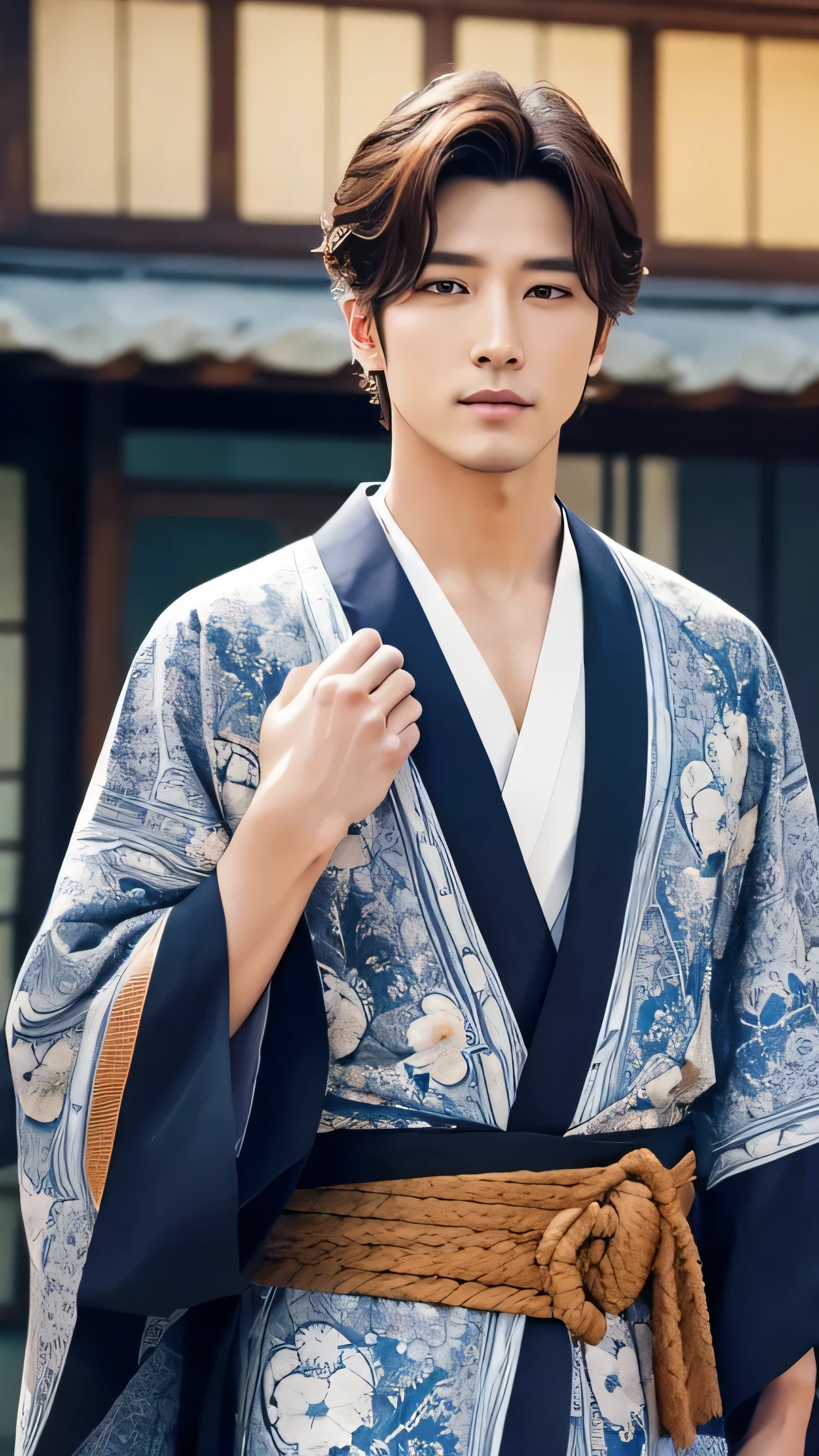 (photo-realistic:1.2、best-quality)、(A Man、serve、knife)、The man is a 20-year-old black-haired Ukrainian、Soji Okita、actor、White and blue yukata、long hair、muscles、(perspiration:1.2)、Fine skin、(Film lighting)、tanned、Soft light、Double eyelidd、(Seductive)、((agitation))