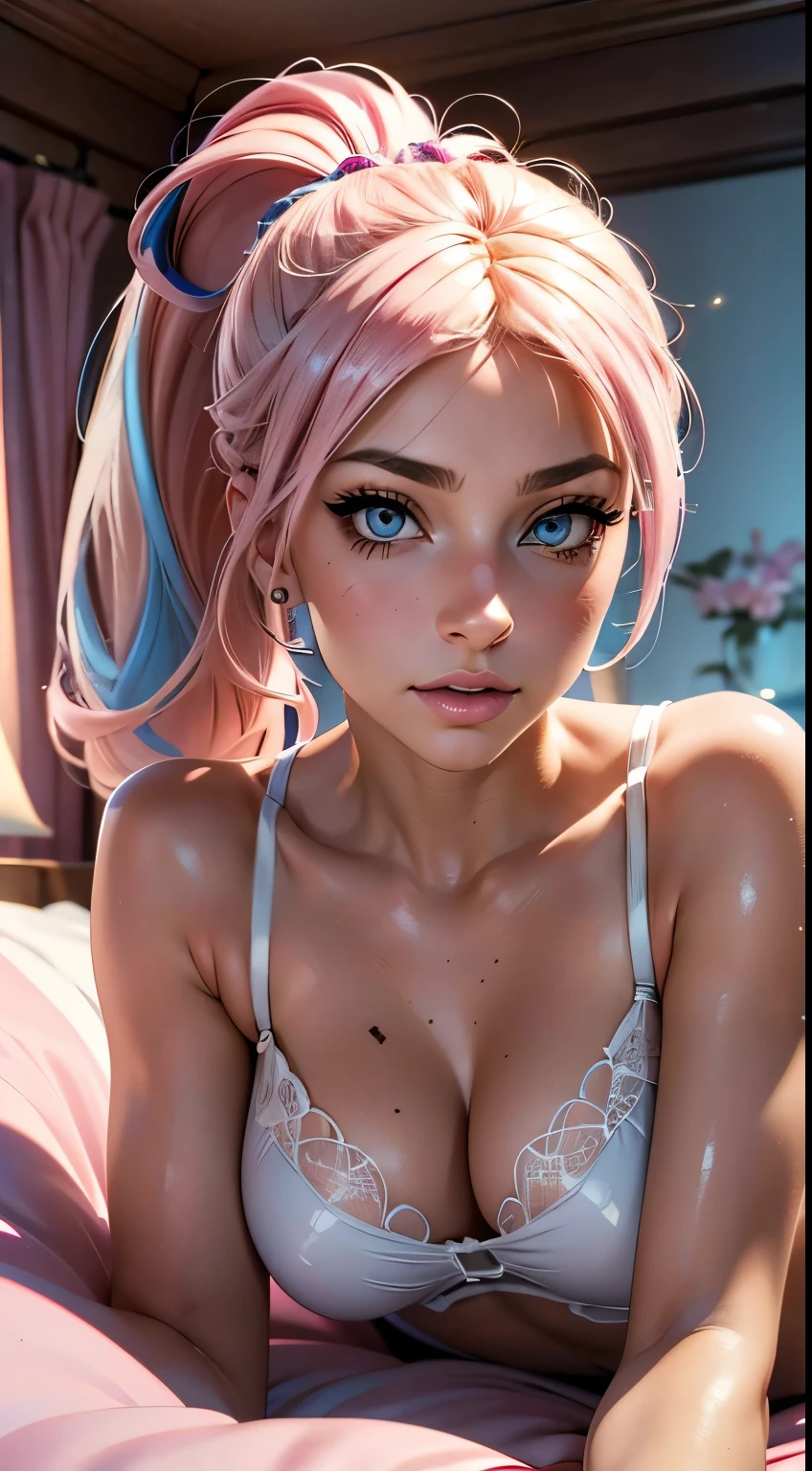 (original) , (very detailed wallpaper) , (better quality) , (work of art) , Photographic Reality, realistic, very detailed illustrations , beautiful eyes, Perfect Detail, (Better lighting) , (Highly complex details) ,  ultra-detailed , , Kogal,, Unified 4K, (Super detailed CG: 1.2) , (8k: 1.2) , realistic, octane rendering , (((Alexa Bliss))), Room, Lying in bed, lying face down, eyes on the beholder, blonde hair w/pink highlights, ponytail hairstyle,  light blue eyes , body colante, translucent red latex,