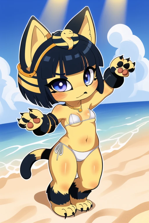 [isaCrossing], [Isabelle; Animal Crossing], [Uploaded to e621.net; (Pixelsketcher)], kemono, dagasi, solo female ankha \(animal crossing\) with ((tiny and short body with yellow fur)), (blue hair), (blue eyes), (yellow and blue striped cat tail), ((anthro furry)), ((wearing a white and blue striped steing bikini:1.4)), (egyptian necklace), ((small breasts)), (detailed fluffy fur), ((back view)), ((behind view)), ((viewed from behind)), ((ass focus)), (on all fours), (bending over blue towel), (seductive pose), (serious expression), (detailed background, beach background, depth of field, half body shadow, sunlight, ambient light on the body), (intricate:1), (high detail:1.3), (unreal engine:1.2), (soft focus:1.15), [explicit content, questionable content], (masterpiece, best quality, 4k, 2k, shaded, absurd res)