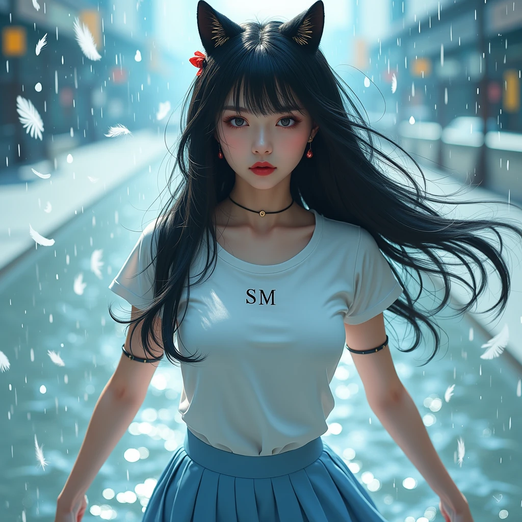  A woman is casting a spell for the streams of water to gather, Surrealism, sexy,  Pretty Korean girl , Long shiny black hair,   Black Cat Ear Hair Jewelry ,    Bright Red Lips ,   T-shirt fits body , 'SM' on shirt ,   Light Blue Skirt Pleated Skirt , high-heels,  dynamic movement  , The effect of the flow of water on the air. , Feathers fall like rain   