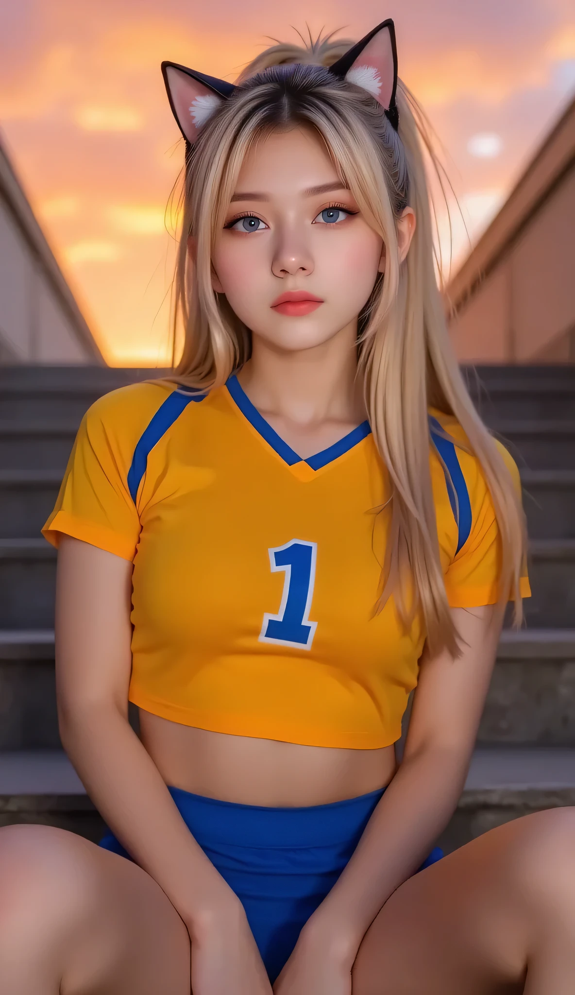 Masterpiece, 4K, bokeh, (Perfect body:1.4), (volleyball uniform:1.5), (Bright Blonde hair:1.5), (ponytail:1.2),(Blushed face:1.3), (Plump breast:1.2), (Sitting in stairway:1.2), (Cat ears:1.3),(From below:1.6),(Sundown :1.2), (Orange beautiful sky and clouds:1.2), Nat DR. 