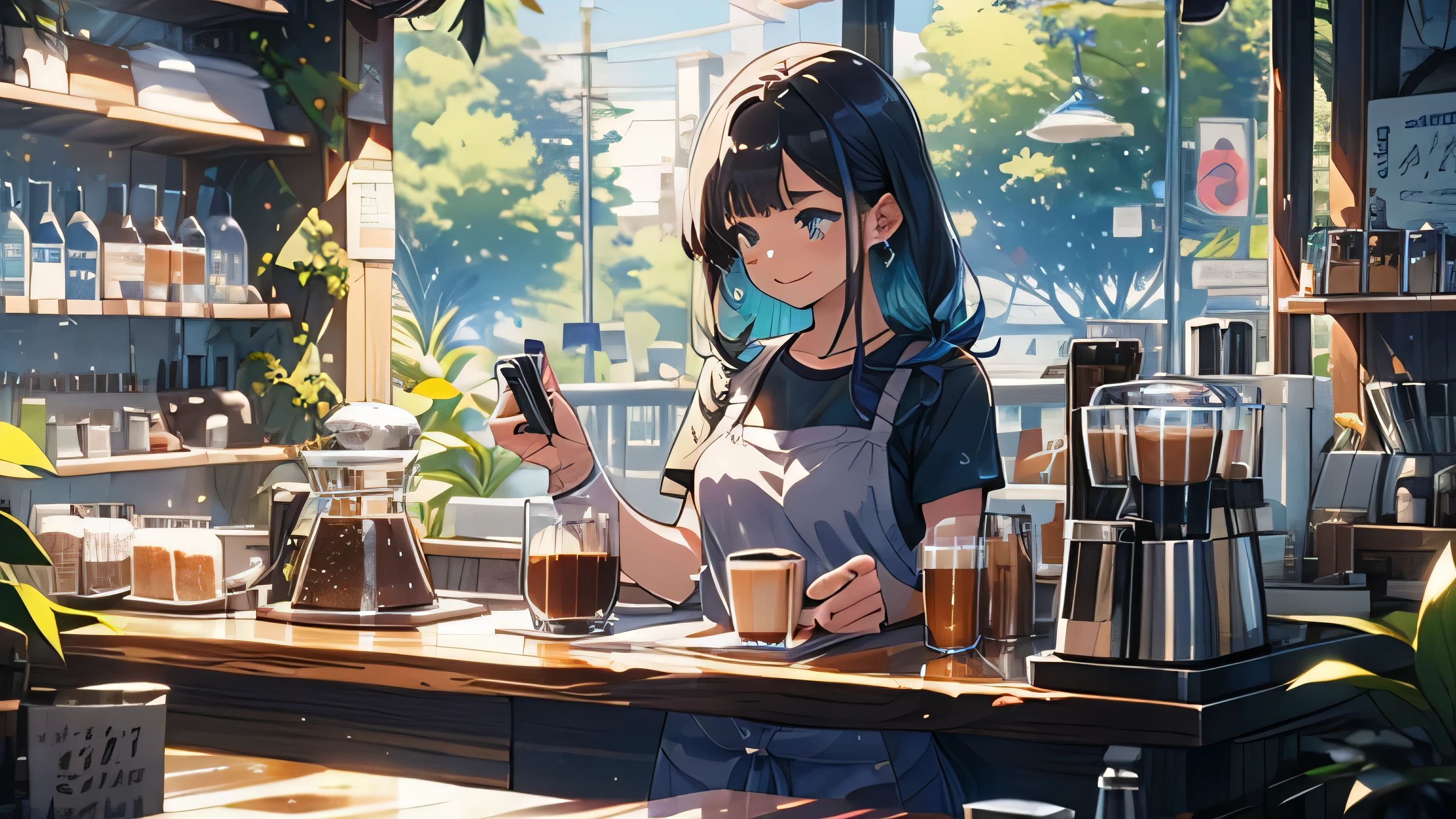  very detailed , masterpiece, high quality, Kampala, 1 girl, adult, Dark blue hair,  unkempt hair,  medium hair ,  Light blue eyes ,  black shirt , Black Jeans,  beige apron , In progress,  bartender ,  waitress ,  make coffee , Cafe Bar, concentrated,  facing sideways , happy, Cozy, Chill, Illustration, masterpiece, Ghibli, perfection,  high quality,  converse shoes ,  behind bar counter ,  job that also moves my legs, customer, sunny, black cross earrings, anime, warm, Temperature of gold 