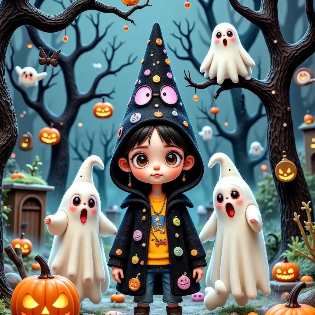 (((  comic cover design： " 可怕of可爱of万圣节 !"))).有一张男孩和两个鬼魂of卡通图片,  Halloween art style , Halloween scene, samhain figure  , Trick or Treat, Halloween style, author： Mabu Graves , Witch Girl, author：  Android Jones  , 在一座阴森of森林里, Beeple 和 Jeremiah Ketner, Halloween theme, omg, of. 鲜艳of色彩. 可爱of, Scary and charming  