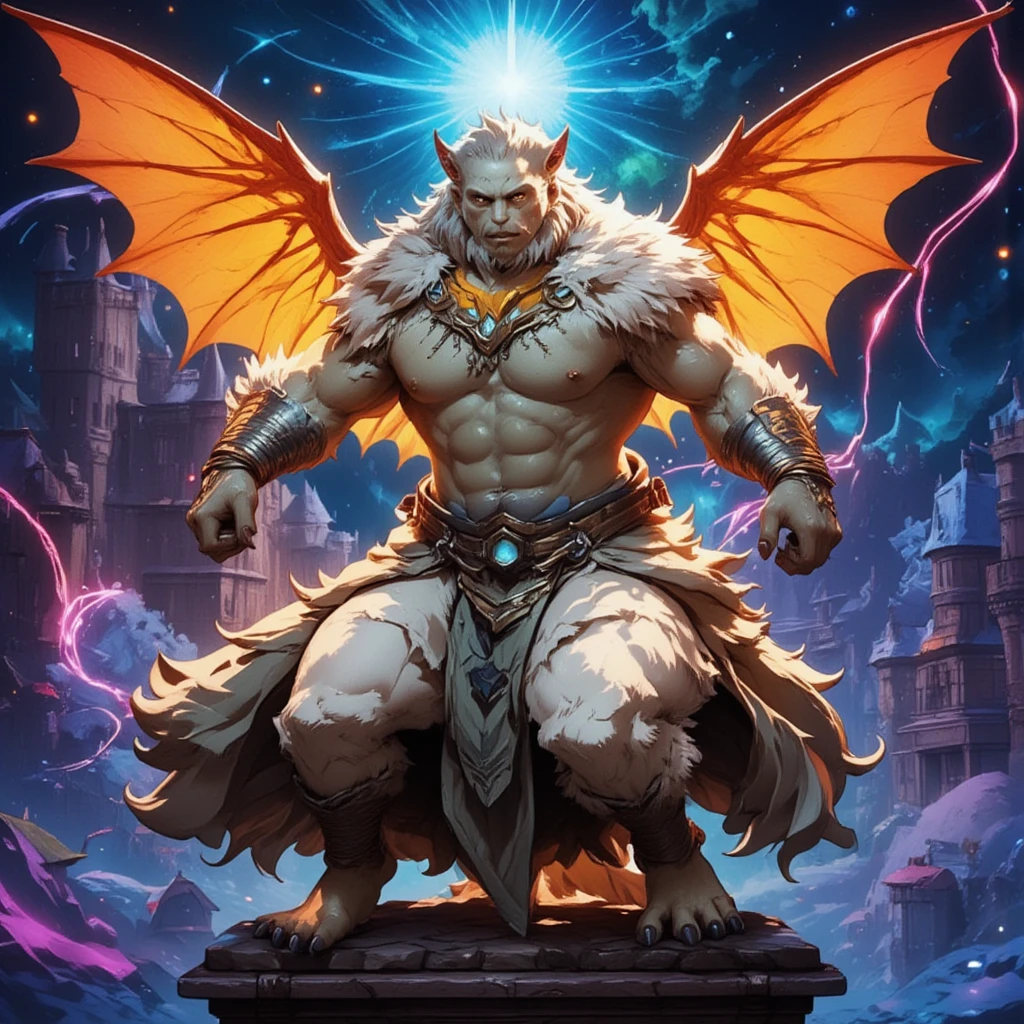 character focus, full body, looking away, dynamic angle, full body in Michelangelo Buonarroti style, housamo style, digital illustration anime, BREAK muscular middle-aged daemon man, silver gray skin, megabat wings, complete anatomy, perfect proportions, beautiful thigh gap, fluffy body, intricate fur details, beautiful fur texture, BREAK (a detailed elegant daemon 1 tail), detailed toe, 5toes, 5toes nails, beautiful foot, BREAK detailed hands, 5fingers, 5fingers nails, BREAK aesthetic anime face, insanity detailed face, male face, big face, square jawline, aesthetic anime eyes, detailed brown eyes, detailed brown cornea, detailed dark brown irises, detailed pupils, male eyes, big eyes, male eyebrows, innocent look, beautiful beard, BREAK clothed, costume, armor, loincloth, perfect composition, cast magic, quantum electromagnetic life form force, dynamc pose, detailed painting landscape, kaleidoscopic swirls, old castle, indoor, full color HDR, BREAK masterpiece, official art, best quality, very aesthetic, absurdres, super fine illustration, great quality, BREAK noise reduction, very highres, large filesize, high quality, 32K, 8k wallpaper, dynamic lighting, BREAK insanity detailed, ultra detailed, intricate details, extremely detailed, detailed texture, an extremely delicate and beautiful, BREAK e621 illustration, osukemo, kemohomo, anthropomorphic, furry, cartoon, harmonious body, pastoral face, virtuous eyes, epic atmosphere