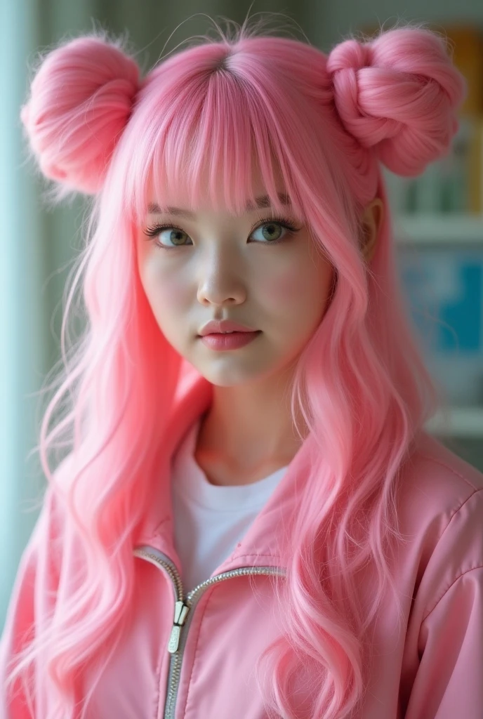  portrait of cool girl , Original photo,  sxeyez , ( pink hair: 3) , Goto, hair accessories, cube hair accessories, sports coat ,  ( High details Skin :1.2), 8K Ultra HD, [dslr, soft light, high quality, film grain, Fuji XT3