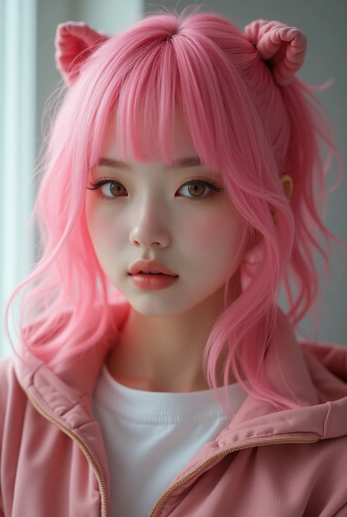  portrait of cool girl , Original photo,  sxeyez , ( pink hair: 3) , Goto, hair accessories, cube hair accessories, sports coat ,  ( High details Skin :1.2), 8K Ultra HD, [dslr, soft light, high quality, film grain, Fuji XT3