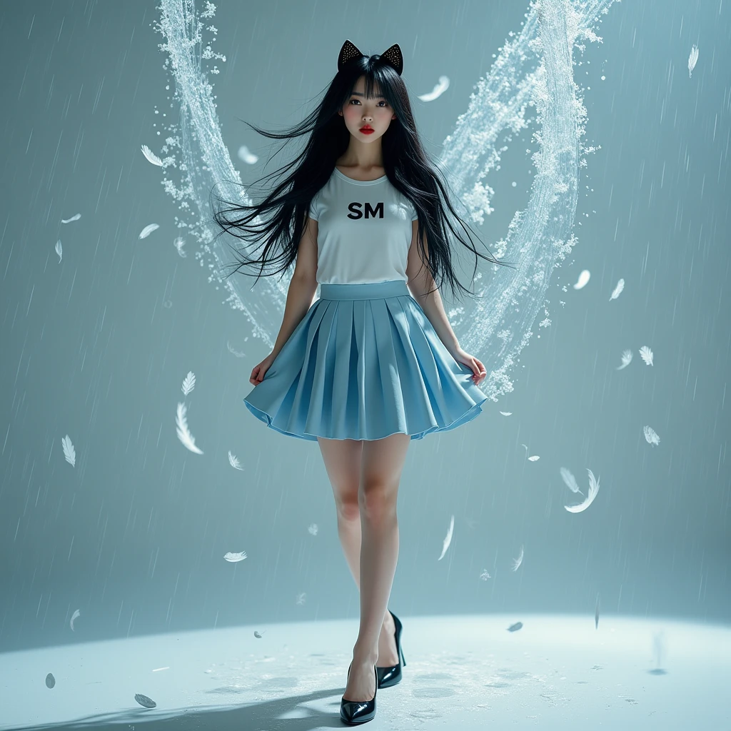 The woman is standing with a stream of water floating in the air around her.., Surrealism, sexy,  Pretty Korean girl , Long shiny black hair,   Black Cat Ear Hair Jewelry ,    Bright Red Lips ,   T-shirt fits body , 'SM' on shirt ,   Light Blue Skirt Pleated Skirt , high-heels,  dynamic movement  , The effect of the flow of water on the air. , Feathers fall like rain   