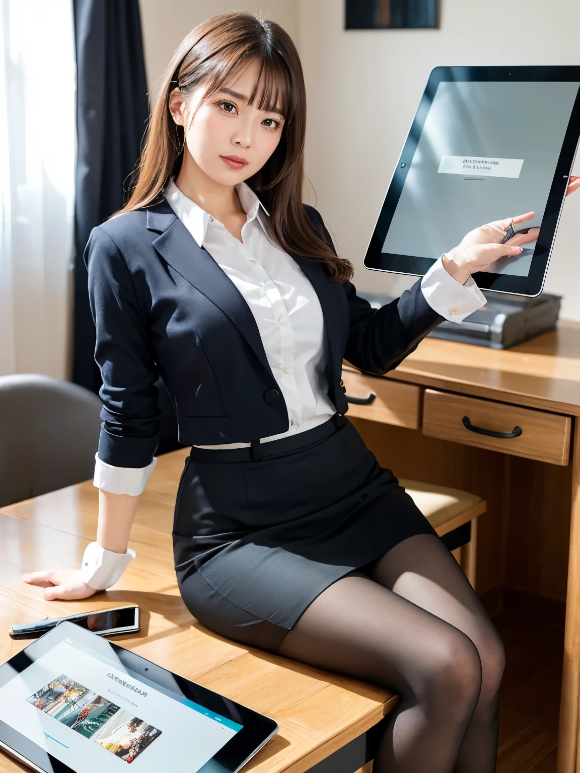 (((masterpiece))), (((Best Quality: 1.4))), ((super detailed: 1.4)) ,  Woman Using a Tablet Computer in Her Room , Captivating beauty、  Pencil Skirt 、 Super Real Pantyhose 、Skirt and pantyhose、A hardworking and capable beautiful secretary、work, Under the desk, Legs in tights are visible when she is sitting in a chair、Live Action Movie Steel ,  Full Device, With the magic tablet, Profile Pose, [ Realistic photos ]!!, 真剣なwork, Sloth,  Elegant appearance , Premonition of Love、