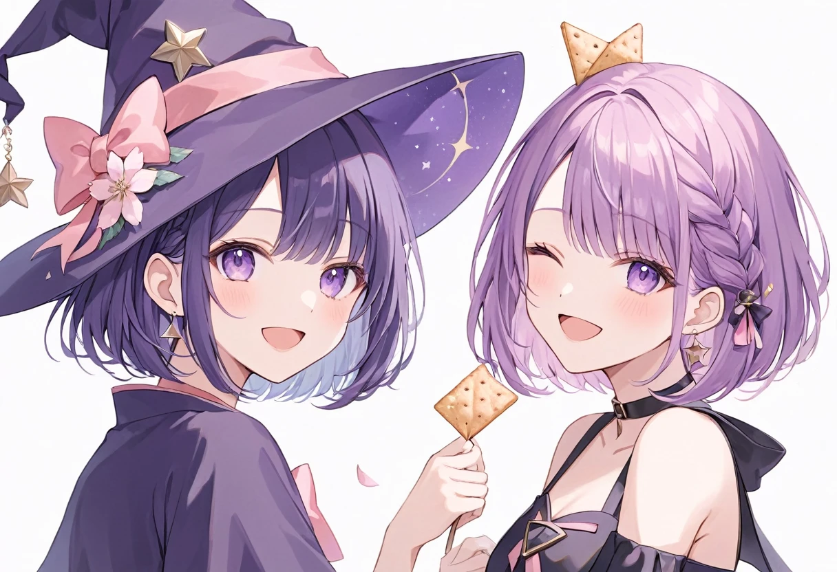 ((pastel))、 woman,Look this way,smile,front,Have a party cracker,Open your mouth,Mauve Hair, short bob,Inward-curling hair, braid,Wink,Purple Eyes,I'm wearing witch clothes , wearing a triangular hat,There is a cherry blossom mark, simple background,White background