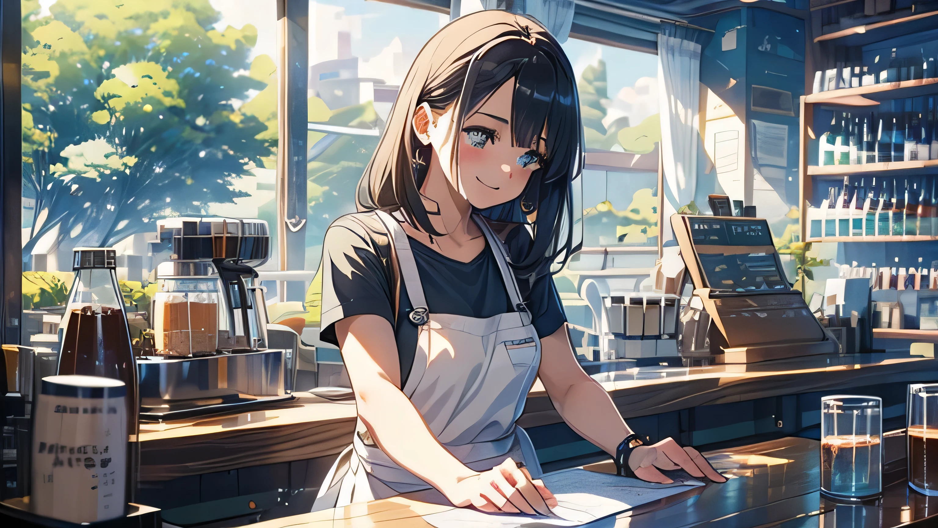  very detailed , masterpiece, high quality, Kampala, 1 girl, adult, Dark blue hair,  unkempt hair,  medium hair ,  Light blue eyes ,  black shirt , Black Jeans,  beige apron , In progress,  bartender ,  waitress ,  make coffee , Cafe Bar, concentrated,  facing sideways , happy, Cozy, Chill, Illustration, masterpiece, Ghibli, perfection,  high quality,  converse shoes ,  behind bar counter ,  job that also moves my legs, customer, sunny, black cross earrings, anime, warm, Temperature of gold 