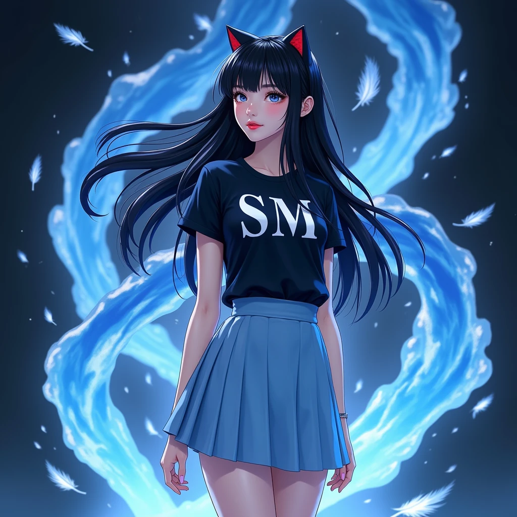 Anime, , a woman is standing and a stream of water is swirling around in the air around her.., Surrealism, A blue stream , sexy,  Pretty Korean girl , Dark tone, Long shiny black hair,   Black Cat Ear Hair Jewelry ,    Bright Red Lips ,   T-shirt fits body , 'SM' on shirt ,   Light Blue Skirt Pleated Skirt , high-heels,  dynamic movement  , The effect of the flow of water on the air. , Feathers fall like rain   