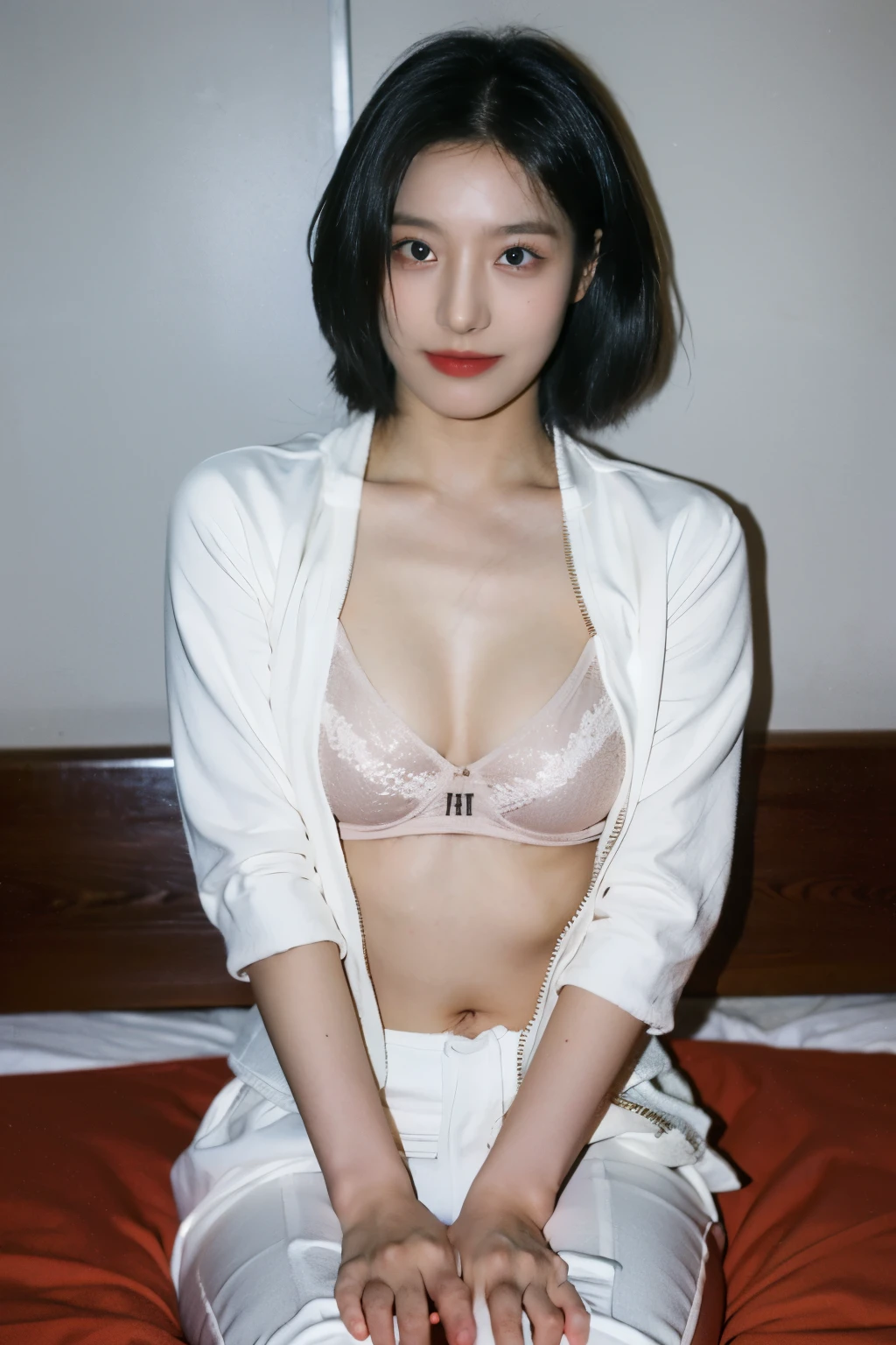 half nude, show half naked, vagina shaved show off, nsfw, Real photo of a Korean girl with fair skin and beauty lying on her back on a red bed , (Key Light：Front 45 degree angle, Subsidy light、Backlight、Shadow、Blue and orange color palette), Accurate human body, show off boobs, flash boobs, medium breast, nipple detailed, Her entire body faces the camera, both arms straight up and both legs straight down,wearing a red short sports bra with g-string tong panties, sow off vagina , Realistic skin texture、Fine and beautiful skin、Glowing Skin、Glowing Skin) (Detailed pupil, Perfect Eyes:1.2), (Reflects light, wearing a sports jacket, small navel,, wearing a white belt on his pants , wearing a white flower headband, his gaze looks into the camera, the area around the navel is wide, sexual facial expression w with raising both eyebrows and flushed cheeks and mouth saying "Ah", furrowing her brow