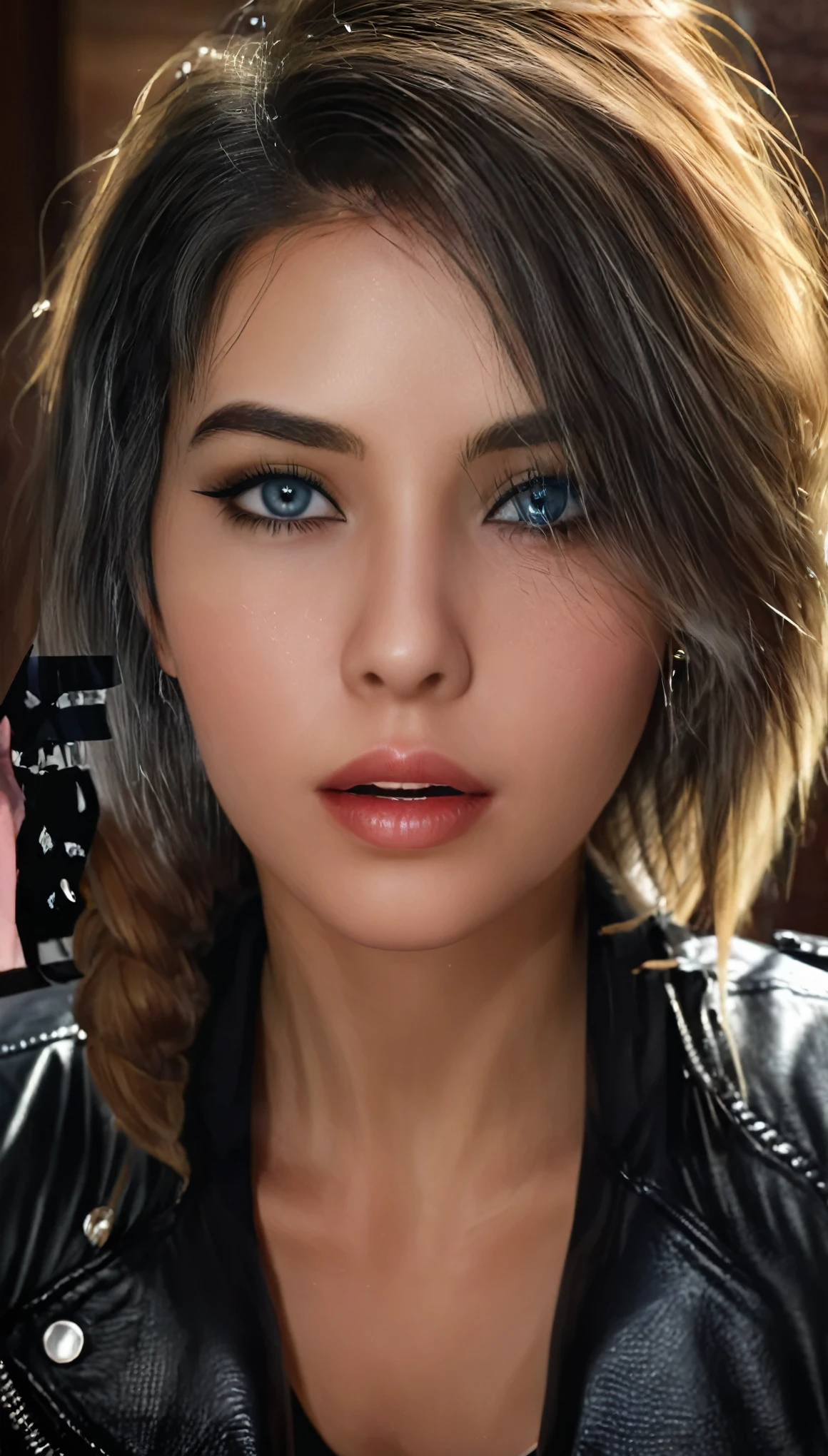 1girl, leather jacket only, beautiful detailed eyes, beautiful detailed lips, extremely detailed face, longeyelashes, photorealistic, 8k, highres, masterpiece, hyper detailed, intricate details, volumetric lighting, cinematic lighting, dramatic shadows, dramatic contrast, chiaroscuro, dramatic colors, vibrant colors, cinematic colors, moody colors, cinematic mood, cinematic atmosphere, digital art