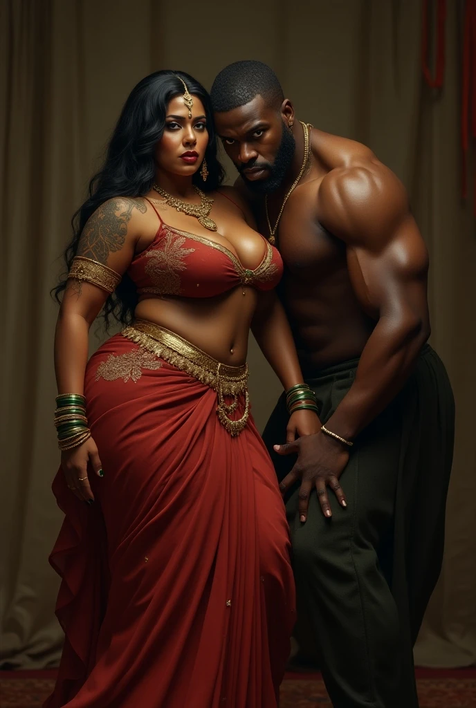 Realistic photo of interacial couple,a beautiful young white skin indian woman wearing full sized traditional blue dupatta and a muscular black full naked man with his big black cock, nude photoshoot in a studio, realistic photo, white background,((Indian white skin girl wearing jewellery, bindi, bangles, light blue dupatta, she is very happy)),((black man is completely nude)). very realistic image, detailed image, High quality high detail,8k
