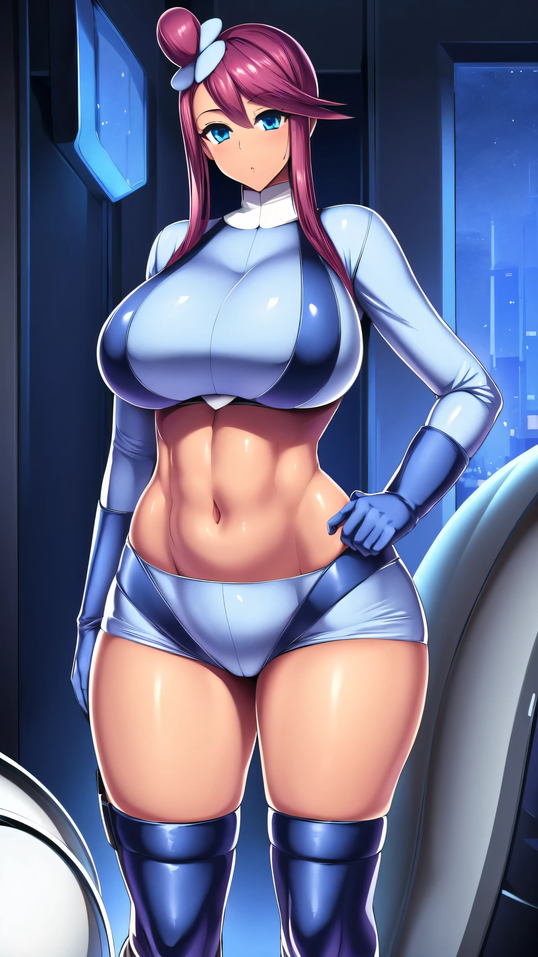  A tall beautiful girl with big breasts sexy hair long fuchsia hair hairstyle her royal blue eye dark brown lip wears a long sleeve t-shirt with long gloves that reveal her abdomen and short shorts connected by harnesses All her clothes are in shades of blue and are inspired by her pilot work big metallic light blue boot