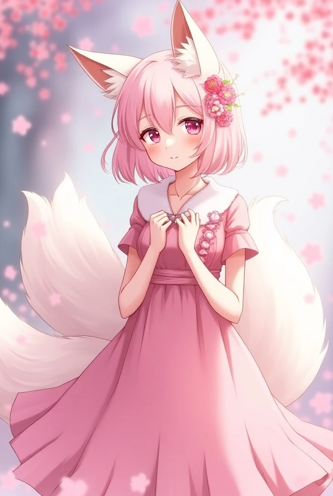 Nine snow-white fox tails (1.0), Milky white fox tail (1.0), Nine-Tailed Fox狐特寫, Nine-Tailed Fox, Nine-Tailed Fox,   pink hair and pink dress， anime girl with flowers on her hair , very Beautiful anime fox girl, Beautiful anime fox girl, Beautiful fantasy anime, Guvez,  anime girl with fox ears ,  beautiful anime girl, Very beautiful cute fox girl , pink flower rain,  Background Blur , Anime style 4K,  Anime fantasy artwork , 4k anime wallpaper, Artworks by Old Weisger