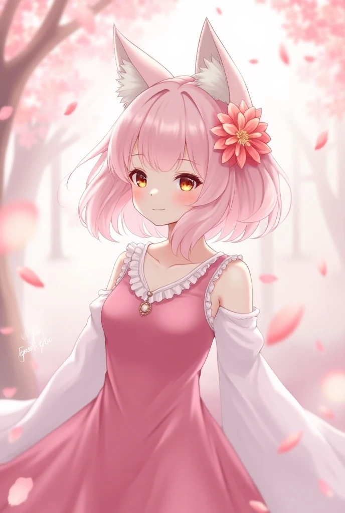 Nine snow-white fox tails (1.0), Milky white fox tail (1.0), Nine-Tailed Fox狐特寫, Nine-Tailed Fox, Nine-Tailed Fox,   pink hair and pink dress， anime girl with flowers on her hair , very Beautiful anime fox girl, Beautiful anime fox girl, Beautiful fantasy anime, Guvez,  anime girl with fox ears ,  beautiful anime girl, Very beautiful cute fox girl , pink flower rain,  Background Blur , Anime style 4K,  Anime fantasy artwork , 4k anime wallpaper, Artworks by Old Weisger