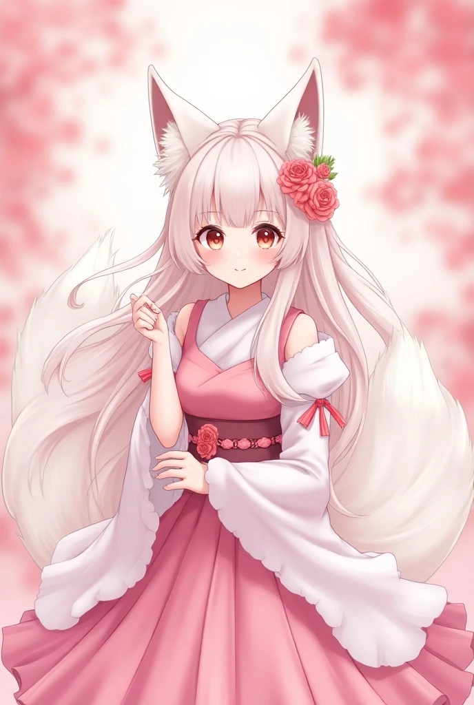 Nine snow-white fox tails (1.0), Milky white fox tail (1.0), Nine-Tailed Fox狐特寫, Nine-Tailed Fox, Nine-Tailed Fox,   pink hair and pink dress， anime girl with flowers on her hair , very Beautiful anime fox girl, Beautiful anime fox girl, Beautiful fantasy anime, Guvez,  anime girl with fox ears ,  beautiful anime girl, Very beautiful cute fox girl , pink flower rain,  Background Blur , Anime style 4K,  Anime fantasy artwork , 4k anime wallpaper, Artworks by Old Weisger