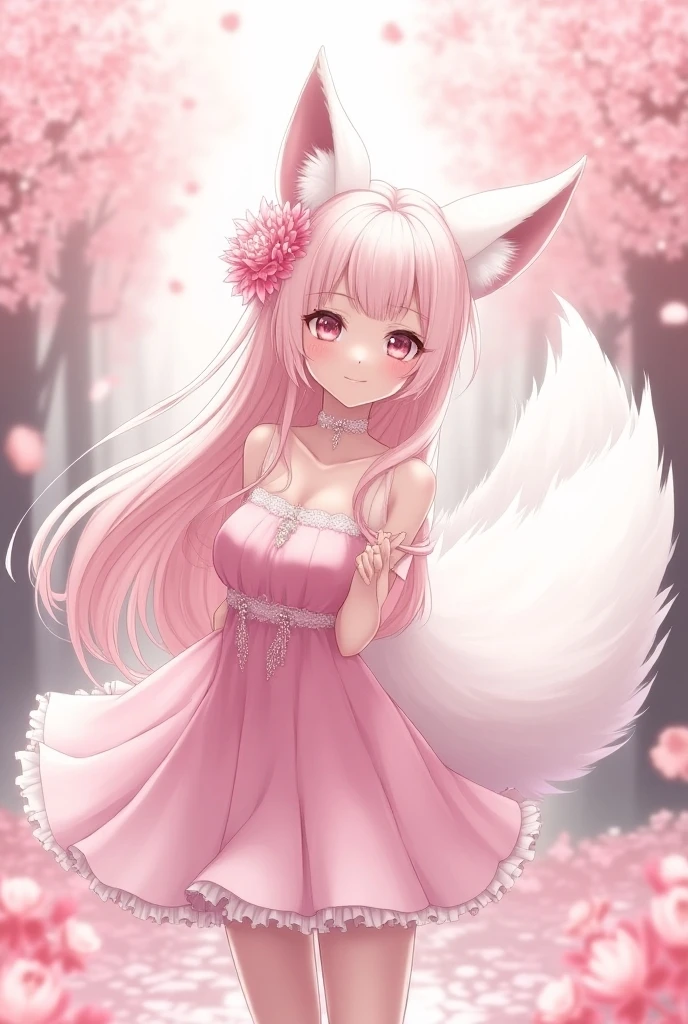 Nine snow-white fox tails (1.0), Milky white fox tail (1.0), Nine-Tailed Fox狐特寫, Nine-Tailed Fox, Nine-Tailed Fox,   pink hair and pink dress， anime girl with flowers on her hair , very Beautiful anime fox girl, Beautiful anime fox girl, Beautiful fantasy anime, Guvez,  anime girl with fox ears ,  beautiful anime girl, Very beautiful cute fox girl , pink flower rain,  Background Blur , Anime style 4K,  Anime fantasy artwork , 4k anime wallpaper, Artworks by Old Weisger