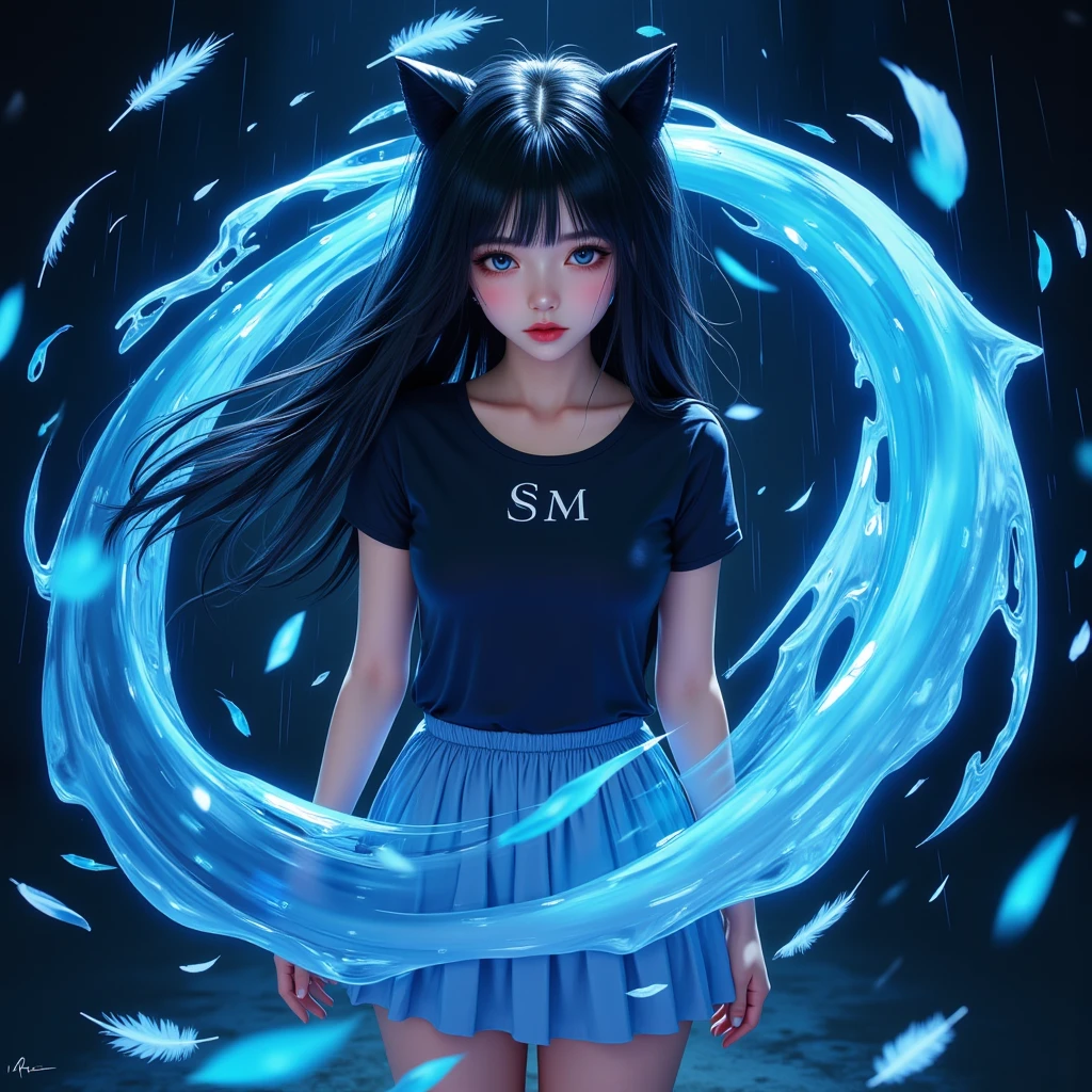 Anime, , a woman is standing and a stream of water is swirling around in the air around her.., Surrealism, A blue stream , sexy,  Pretty Korean girl , Dark tone, Long shiny black hair,   Black Cat Ear Hair Jewelry ,    Bright Red Lips ,   T-shirt fits body , 'SM' on shirt ,   Light Blue Skirt Pleated Skirt , high-heels,  dynamic movement  , The effect of the flow of water on the air. , Feathers fall like rain   