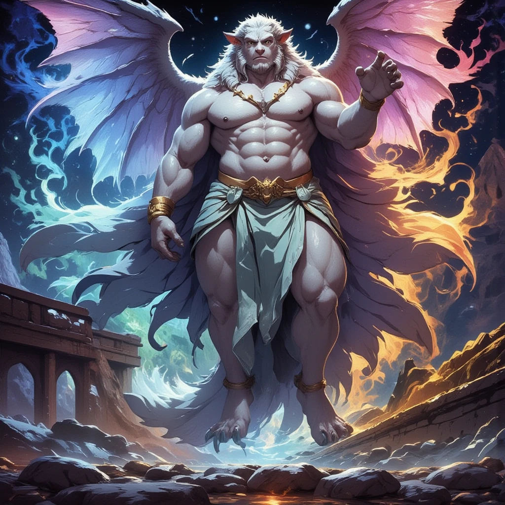 character focus, full body, looking away, dynamic angle, full body in Michelangelo Buonarroti style, housamo style, digital illustration anime, BREAK muscular middle-aged daemon man, silver gray skin, megabat wings, complete anatomy, perfect proportions, beautiful thigh gap, fluffy body, intricate fur details, beautiful fur texture, BREAK (a detailed elegant daemon 1 tail), detailed toe, 5toes, 5toes nails, beautiful foot, BREAK detailed hands, 5fingers, 5fingers nails, BREAK aesthetic anime face, insanity detailed face, male face, big face, square jawline, aesthetic anime eyes, detailed brown eyes, detailed brown cornea, detailed dark brown irises, detailed pupils, male eyes, big eyes, male eyebrows, innocent look, beautiful beard, BREAK clothed, costume, armor, loincloth, perfect composition, cast magic, quantum electromagnetic life form force, dynamc pose, detailed painting landscape, kaleidoscopic swirls, old castle, indoor, full color HDR, BREAK masterpiece, official art, best quality, very aesthetic, absurdres, super fine illustration, great quality, BREAK noise reduction, very highres, large filesize, high quality, 32K, 8k wallpaper, dynamic lighting, BREAK insanity detailed, ultra detailed, intricate details, extremely detailed, detailed texture, an extremely delicate and beautiful, BREAK e621 illustration, osukemo, kemohomo, anthropomorphic, furry, cartoon, harmonious body, pastoral face, virtuous eyes, epic atmosphere