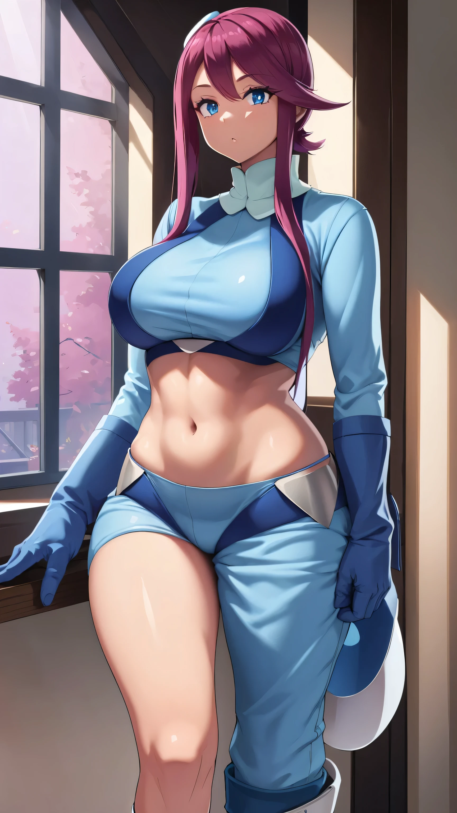  A tall beautiful girl with big breasts sexy hair long fuchsia hair hairstyle her royal blue eye dark brown lip wears a long sleeve t-shirt with long gloves that reveal her abdomen and short shorts connected by harnesses All her clothes are in shades of blue and are inspired by her pilot work big metallic light blue boot