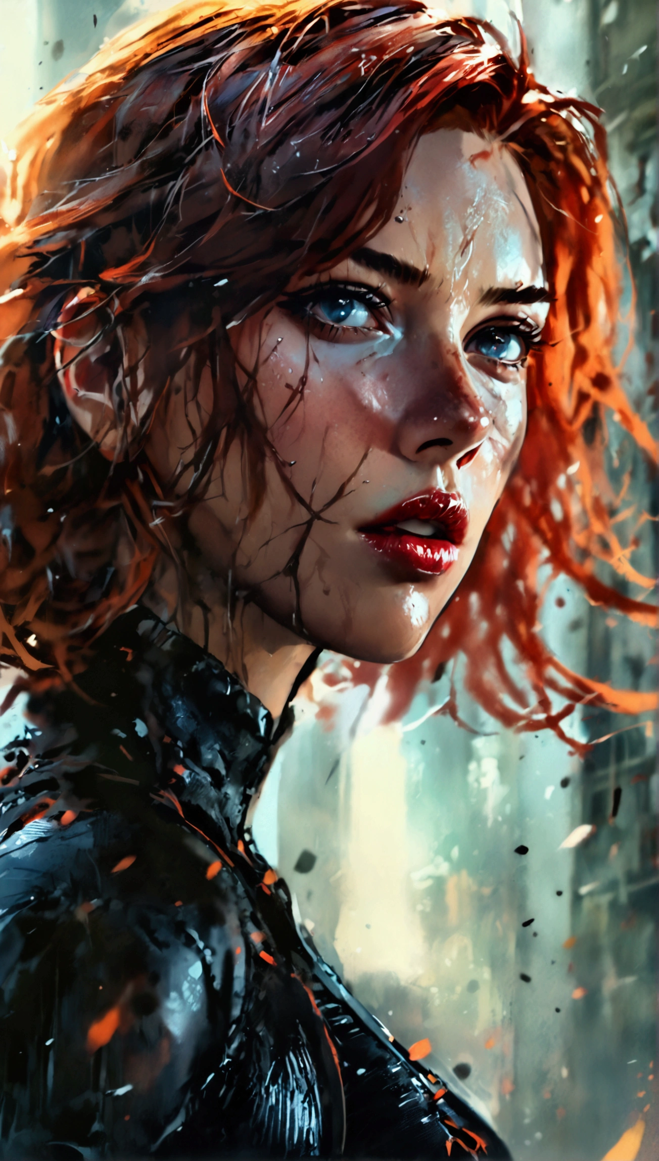 (ohwx), scarlett Johansson as a Marvel's Black Widow, beautiful detailed eyes, beautiful detailed lips, extremely detailed face and skin, long eyelashes, red hair, black outfit, action pose during fight scene, secret agent during mission, cinematic lighting, high contrast, dramatic shadows, dystopian atmosphere, masterpiece, (best quality,8k,highres,masterpiece:1.2),ultra-detailed,(realistic,photorealistic,photo-realistic:1.37),cinematic,dramatic,moody,dark,gritty,intense