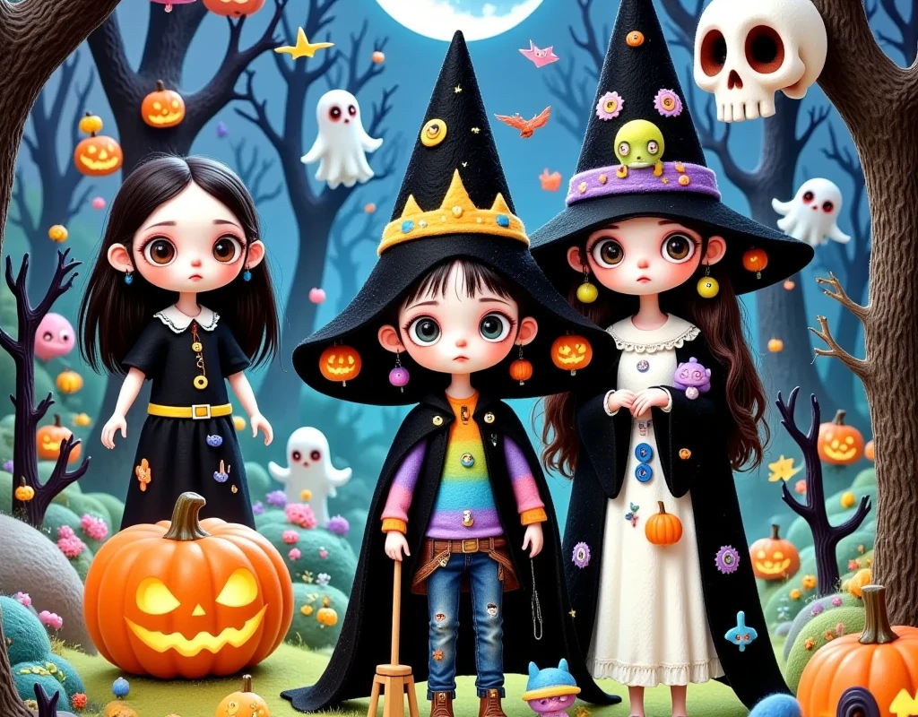 (((  comic cover design： " 可怕of可爱of万圣节 !"))).There is a cartoon picture of a boy,(((whole body:1.37)))，  Halloween art style , Halloween scene, samhain figure  , Trick or Treat, Halloween style, author： Mabu Graves , Witch Girl, author：  Android Jones  , 在一座阴森of森林里, Beeple 和 Jeremiah Ketner, Halloween theme, omg, of. 鲜艳of色彩. 可爱of, Scary and charming  