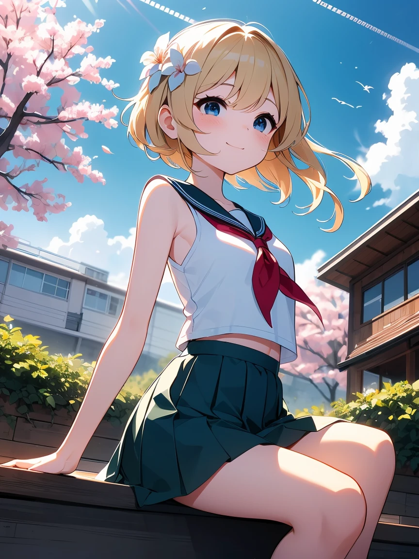 ((masterpiece, Best Quality,  absurd with 22 people,  Kampala,  very detailed ,  Kampala,  Very Nice 8K CG Wallpaper )), Best Quality、female 1 person、solo、(Kouchi Yuki)、__posture__、 short hair、Blonde、 Rose Tail、Center-parted bangs、 blue eyes 、Student Uniform、青いNeckerchief、Neckerchief、Sailor suit、 sailor color 、socks、 green skirt、 long skirt、Sleeveless、 pleated skirt、sweater、白いsocks、 loose socks with electric braces、 sleeveless 、黒い sailor color 、 loafers、小さいchest、chest、whole body、 cowboy shot 、__Appearance__、__expression__、__background__。 __posture__： in the center standing\n in the center standing\n(Contrapposto:1.1)\n(Contrapposto:1.2)\n(Sitting:1.1)\n(Sitting:1.2)
__Watching__：Looking at viewer\nLooking at viewer\nLooking at viewer\nLooking at viewer\nLooking back
__expression__：smile/nsmile/nsmile/nsmile、 opens her mouth/nsmile、 close eyes/Not opening mouth/nshy/nLaughing/nAngry/nMean/nLonely/nCrying
__background__：Outdoor、starnull、夜null、sunset\nNight、夜null、曇りnull、流star、惑star、cloud、star（null）、(starnull:1.2)\n(Outdoor)、noon、青null、cloud、nature、tree\nOutdoor、day、青null、cloud、water\nOutdoor、day、Grass\nCherry blossom、tree、Outdoor、流れstar、petal、cloud\nOutdoor、City、City景観、landscape、building