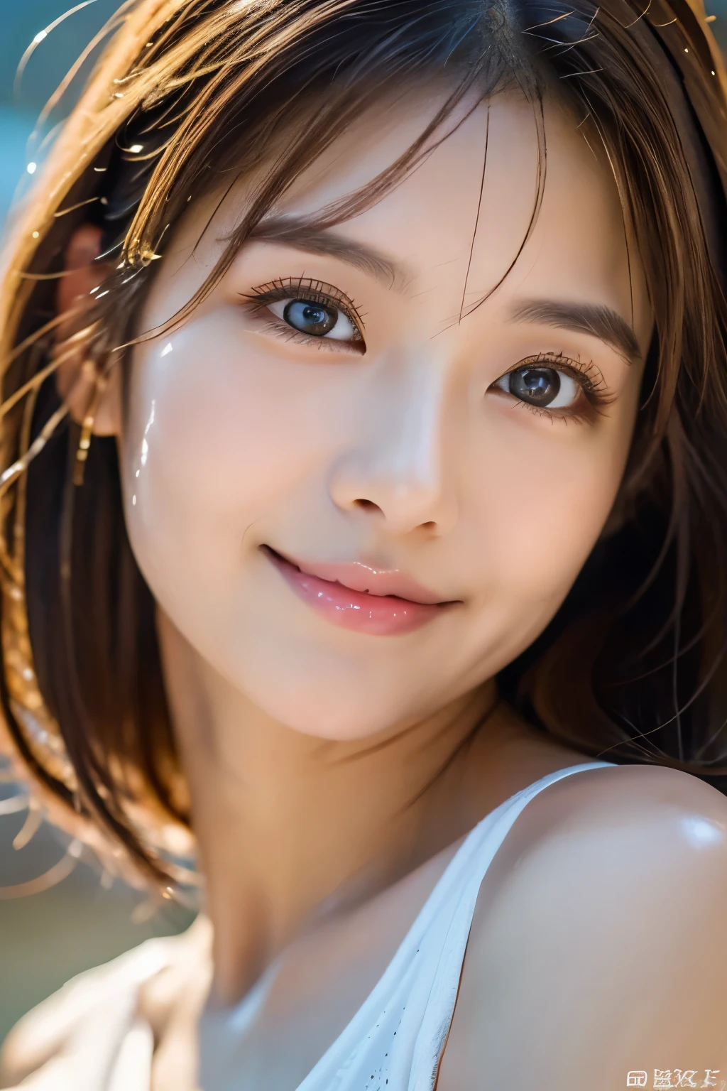 masterpiece、Beautiful girl、 (reality: 1.4), Japanese、Asian Beauty、  so beautiful、Beautiful Skin、thin、(whole body)、(超reality的な)、( Kampala)、(8k)、( very detailed )、(super detailed)、Big Eyes、 Brown Eyes 、 long eyelashes、Detailed face、Gloss Lip, Bright lighting、  Professional Lighting 、 looking at camera 、 serious look、 between your bust、Long Hair、Brown Hair、Sea view、 Nogizaka idol 、actress、20 years old、Big Breasts、Big Breasts、Wet Skin、Silver latex suit、Chest cutout、baby face、  moist and realistic feel、moist lips、Natural Shadows、( raise your arms ),nsfw,smile、