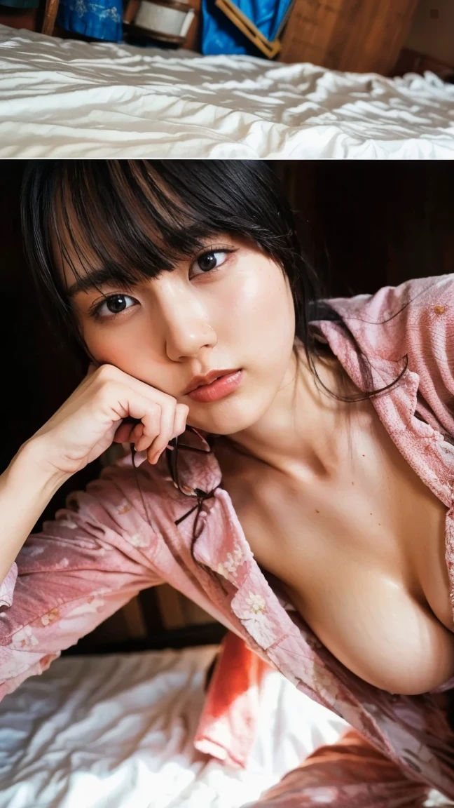   cute Japanese girl , perfection ,bed、Alone,lying on bed, Close up photo, landscape,  facing the camera, ,  the chest is exposed , (Open pajamas:1.2), shy, perfection eyes,   Beautiful and expressive eyes with great detail  , Detailed eyes, 35mm Photography, membrane, Bokeh, professional, 4K,   High Definition Dynamic Lighting  , Realistic, 8k, Born, rich,    complicated details ,   Key Visual  ,  bright color, no makeup in the coal mine,unbuttoned pajamas,showing breasts,