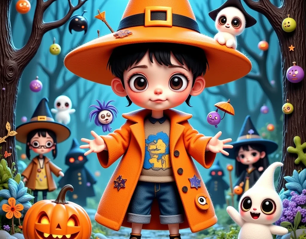 (((  comic cover design： " 可怕of可爱of万圣节 !"))).There is a cartoon picture of a boy,(((whole body:1.37)))，  Halloween art style , Halloween scene, samhain figure  , Trick or Treat, Halloween style, author： Mabu Graves , Witch Girl, author：  Android Jones  , 在一座阴森of森林里, Beeple 和 Jeremiah Ketner, Halloween theme, omg, of. 鲜艳of色彩. 可爱of, Scary and charming  