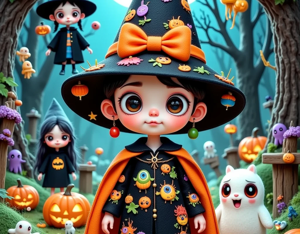 (((  comic cover design： " 可怕of可爱of万圣节 !"))).There is a cartoon picture of a boy,(((whole body:1.37)))，  Halloween art style , Halloween scene, samhain figure  , Trick or Treat, Halloween style, author： Mabu Graves , Witch Girl, author：  Android Jones  , 在一座阴森of森林里, Beeple 和 Jeremiah Ketner, Halloween theme, omg, of. 鲜艳of色彩. 可爱of, Scary and charming  