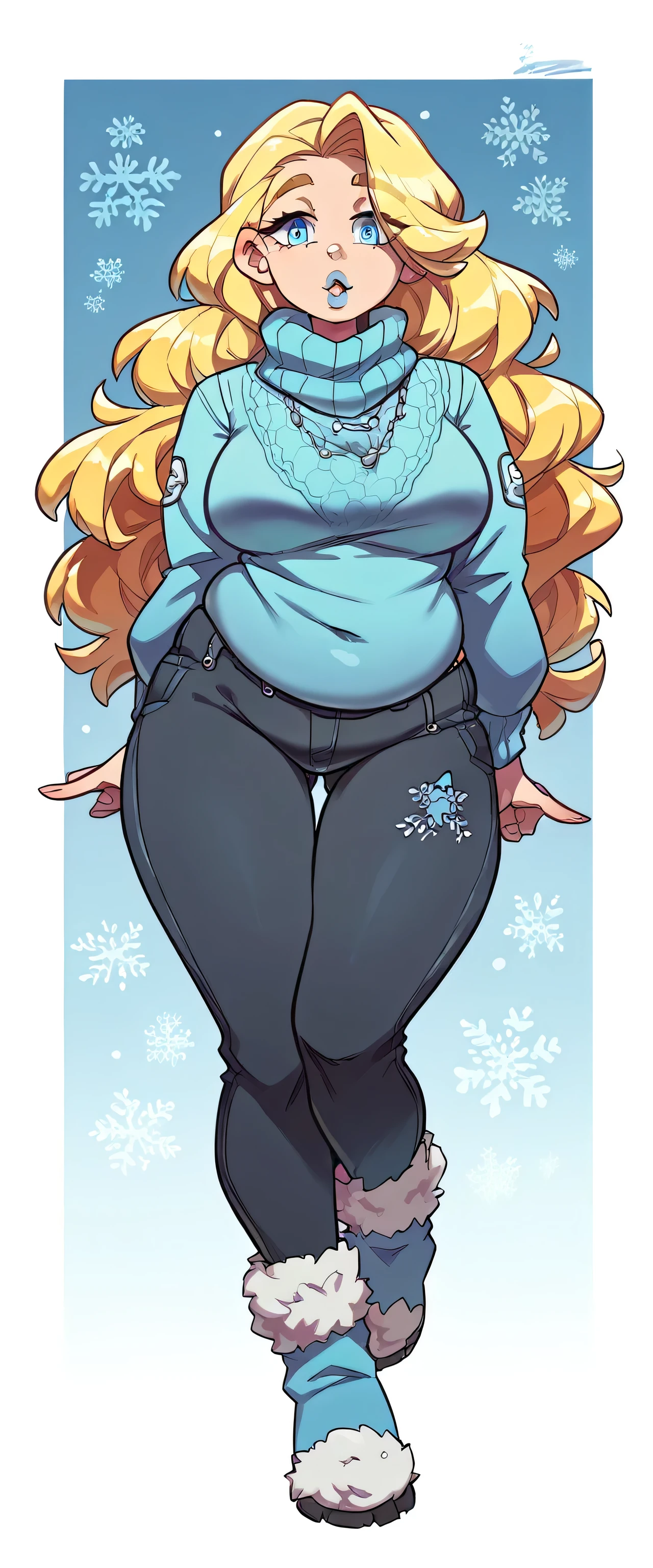 A sexy Russian girl big breasted beautiful beautiful long yellow hair wavy smooth her blue eyes bright pink lips wears overweight fleece gray blouse and a pair of black metallic pants polar blue socks snow boot