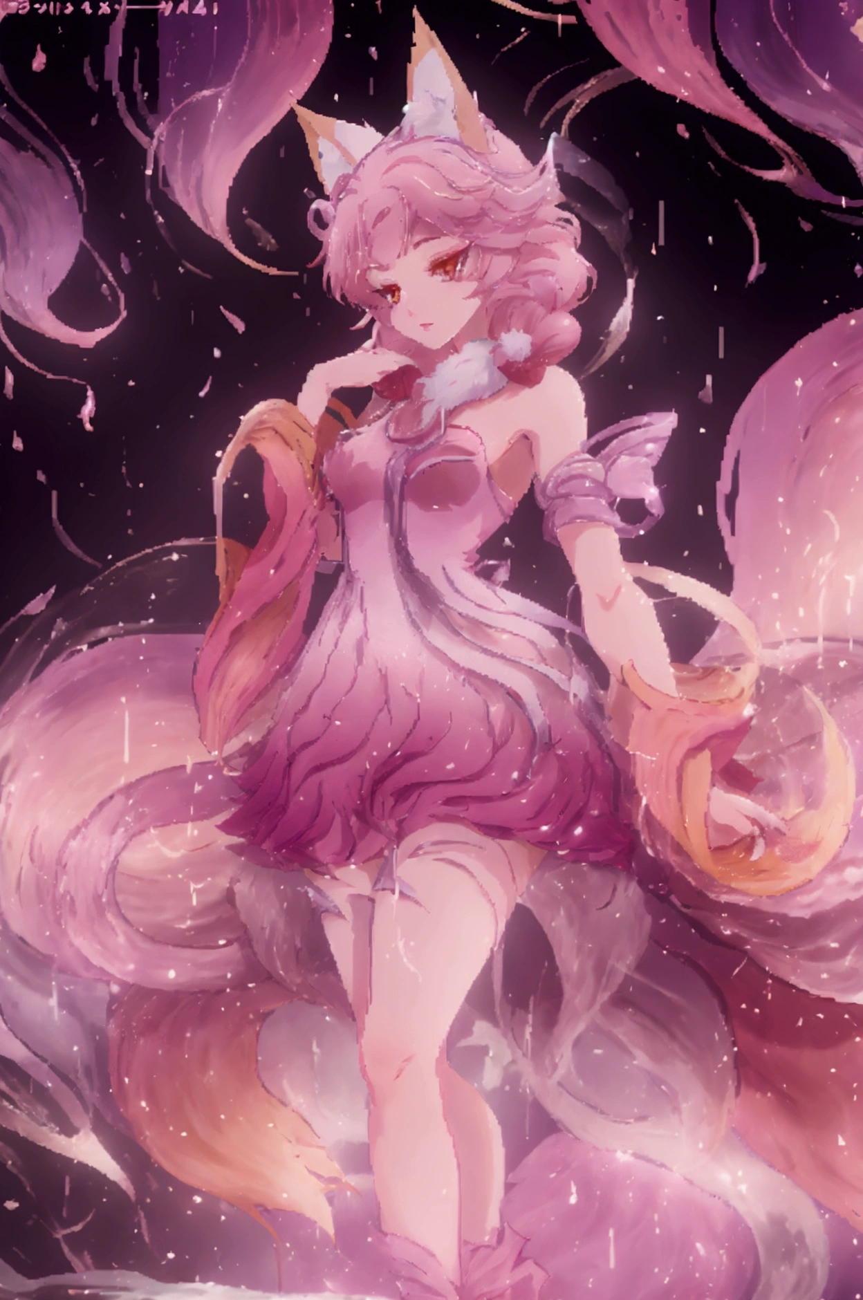 Nine snow-white fox tails (1.0), Milky white fox tail (1.0), Nine-Tailed Fox狐特寫, Nine-Tailed Fox, Nine-Tailed Fox,   pink hair and pink dress， anime girl with flowers on her hair , very Beautiful anime fox girl, Beautiful anime fox girl, Beautiful fantasy anime, Guvez,  anime girl with fox ears ,  beautiful anime girl, Very beautiful cute fox girl , pink flower rain,  Background Blur , Anime style 4K,  Anime fantasy artwork , 4k anime wallpaper, Artworks by Old Weisger