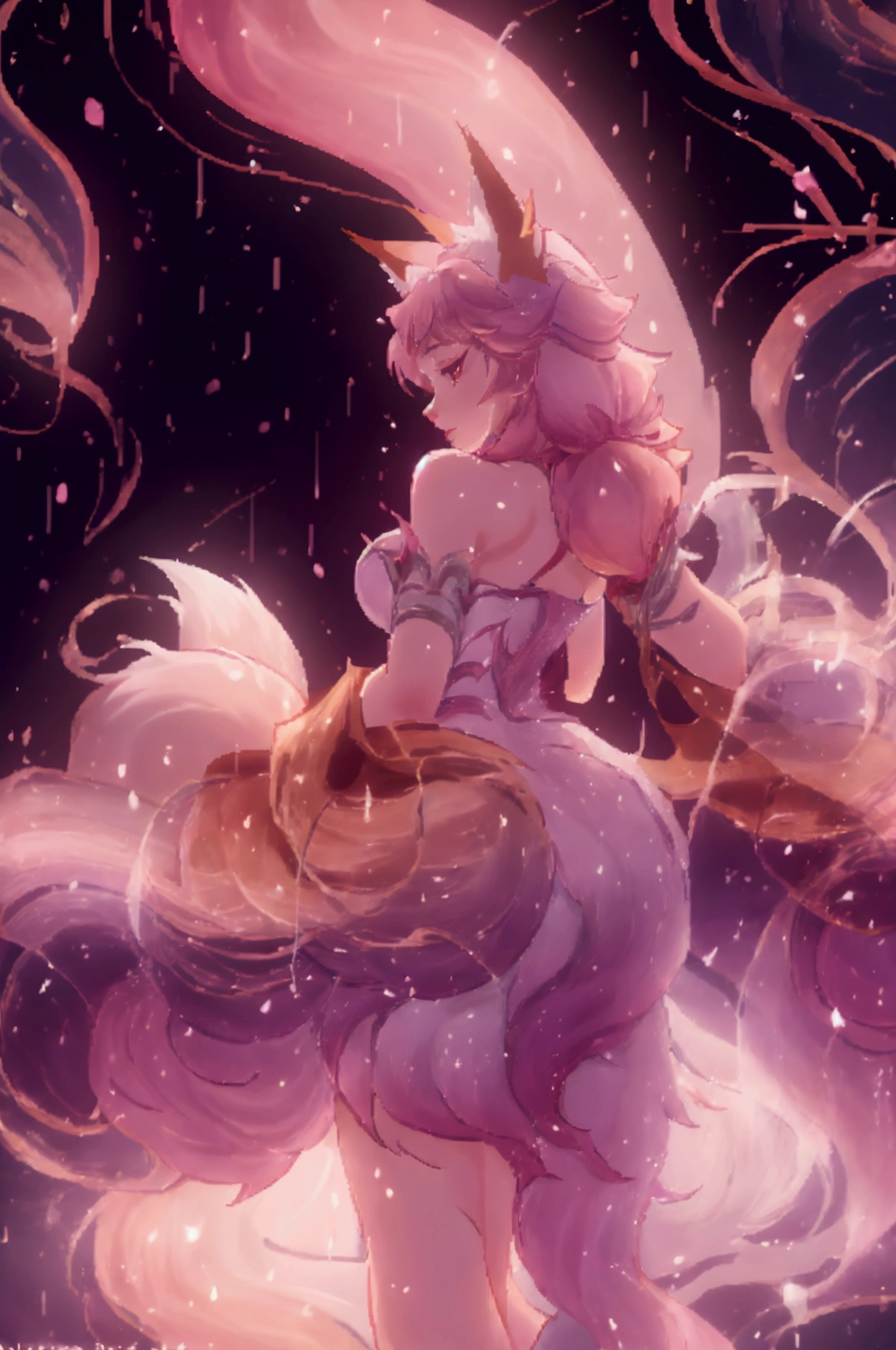 Nine snow-white fox tails (1.0), Milky white fox tail (1.0), Nine-Tailed Fox狐特寫, Nine-Tailed Fox, Nine-Tailed Fox,   pink hair and pink dress， anime girl with flowers on her hair , very Beautiful anime fox girl, Beautiful anime fox girl, Beautiful fantasy anime, Guvez,  anime girl with fox ears ,  beautiful anime girl, Very beautiful cute fox girl , pink flower rain,  Background Blur , Anime style 4K,  Anime fantasy artwork , 4k anime wallpaper, Artworks by Old Weisger