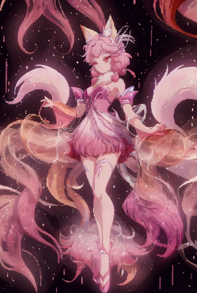 Nine snow-white fox tails (1.0), Milky white fox tail (1.0), Nine-Tailed Fox狐特寫, Nine-Tailed Fox, Nine-Tailed Fox,   pink hair and pink dress， anime girl with flowers on her hair , very Beautiful anime fox girl, Beautiful anime fox girl, Beautiful fantasy anime, Guvez,  anime girl with fox ears ,  beautiful anime girl, Very beautiful cute fox girl , pink flower rain,  Background Blur , Anime style 4K,  Anime fantasy artwork , 4k anime wallpaper, Artworks by Old Weisger