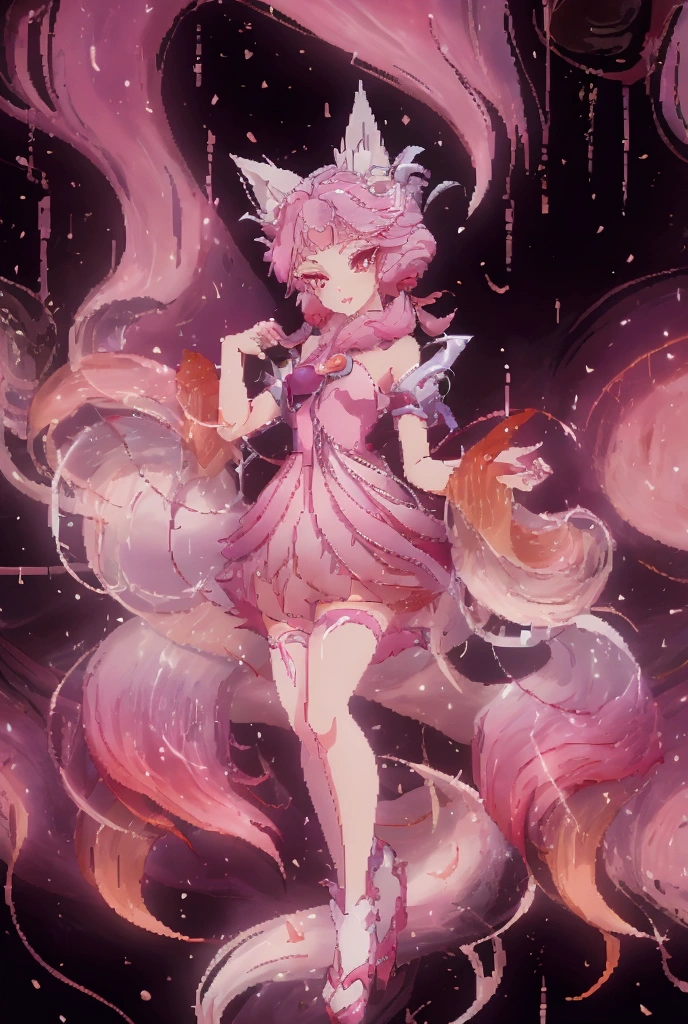 Nine snow-white fox tails (1.0), Milky white fox tail (1.0), Nine-Tailed Fox狐特寫, Nine-Tailed Fox, Nine-Tailed Fox,   pink hair and pink dress， anime girl with flowers on her hair , very Beautiful anime fox girl, Beautiful anime fox girl, Beautiful fantasy anime, Guvez,  anime girl with fox ears ,  beautiful anime girl, Very beautiful cute fox girl , pink flower rain,  Background Blur , Anime style 4K,  Anime fantasy artwork , 4k anime wallpaper, Artworks by Old Weisger