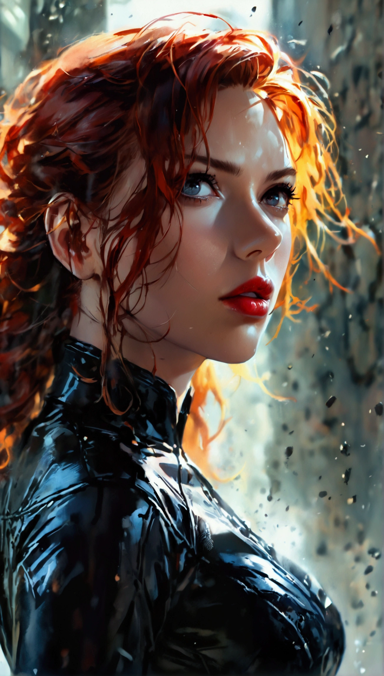 (ohwx), full body shot, scarlett Johansson as a Marvel's Black Widow, beautiful detailed eyes, beautiful detailed lips, extremely detailed face and skin, long eyelashes, red hair, black outfit, action pose during fight scene, secret agent during mission, cinematic lighting, high contrast, dramatic shadows, dystopian atmosphere, masterpiece, (best quality,8k,highres,masterpiece:1.2),ultra-detailed,(realistic,photorealistic,photo-realistic:1.37),cinematic,dramatic,moody,dark,gritty,intense