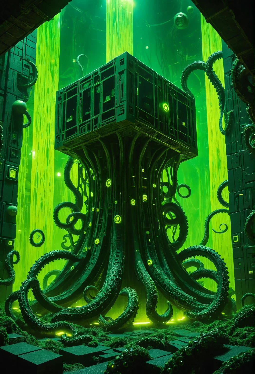  a huge floating cuboid structure 、dark, Twisted Tentacles,  from eyes with round patterns and luminous symbols embedded in their faces 、 emits intense green light .  this scene is dark and futuristic .,  greenish yellow lighting that envelops the entire space ,  geometric shapes and blocks floating in the air . These are two small ,  it looks like a zombie figure is wandering around in front of this monstrous being.,  emphasizes its massive scale .  the atmosphere is heavy 、 mysteries .,  as if it were a prison or a temple of the god of the universe .  style combines sci-fi and cosmic horror It's ,  The .