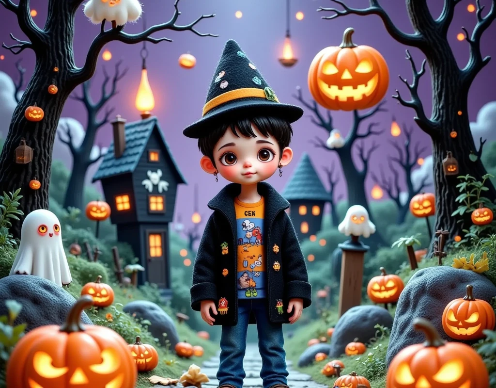 (((  comic cover design： " 可怕of可爱of万圣节 !"))).There is a cartoon picture of a boy,Alone,(((whole body:1.37)))，  Halloween art style , Halloween scene, samhain figure  , Trick or Treat, Halloween style, author： Mabu Graves , Witch Girl, author：  Android Jones  , 在一座阴森of森林里, Beeple 和 Jeremiah Ketner, Halloween theme, omg, of. 鲜艳of色彩. 可爱of, Scary and charming  