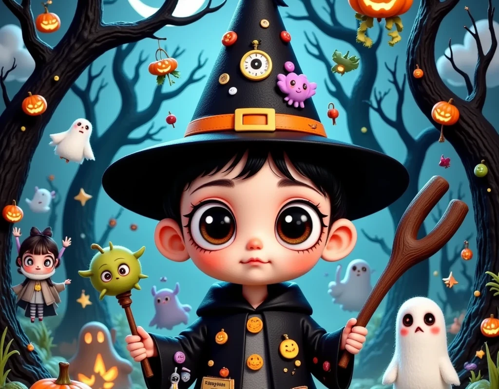 (((  comic cover design： " 可怕of可爱of万圣节 !"))).There is a cartoon picture of a boy,Alone,(((whole body:1.37)))，  Halloween art style , Halloween scene, samhain figure  , Trick or Treat, Halloween style, author： Mabu Graves , Witch Girl, author：  Android Jones  , 在一座阴森of森林里, Beeple 和 Jeremiah Ketner, Halloween theme, omg, of. 鲜艳of色彩. 可爱of, Scary and charming  