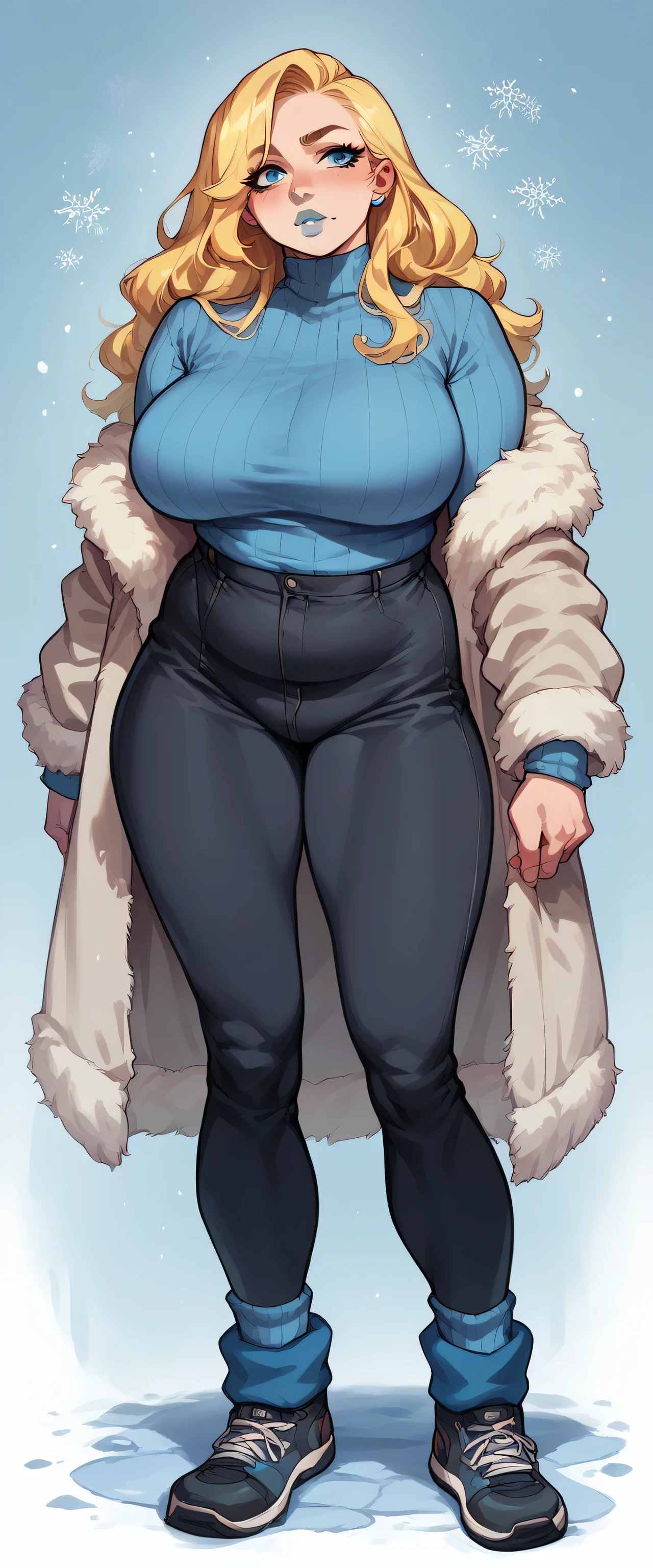 A sexy Russian girl big breasted beautiful beautiful long yellow hair wavy smooth her blue eyes bright pink lips wears overweight fleece gray blouse and a pair of black metallic pants polar blue socks snow boot