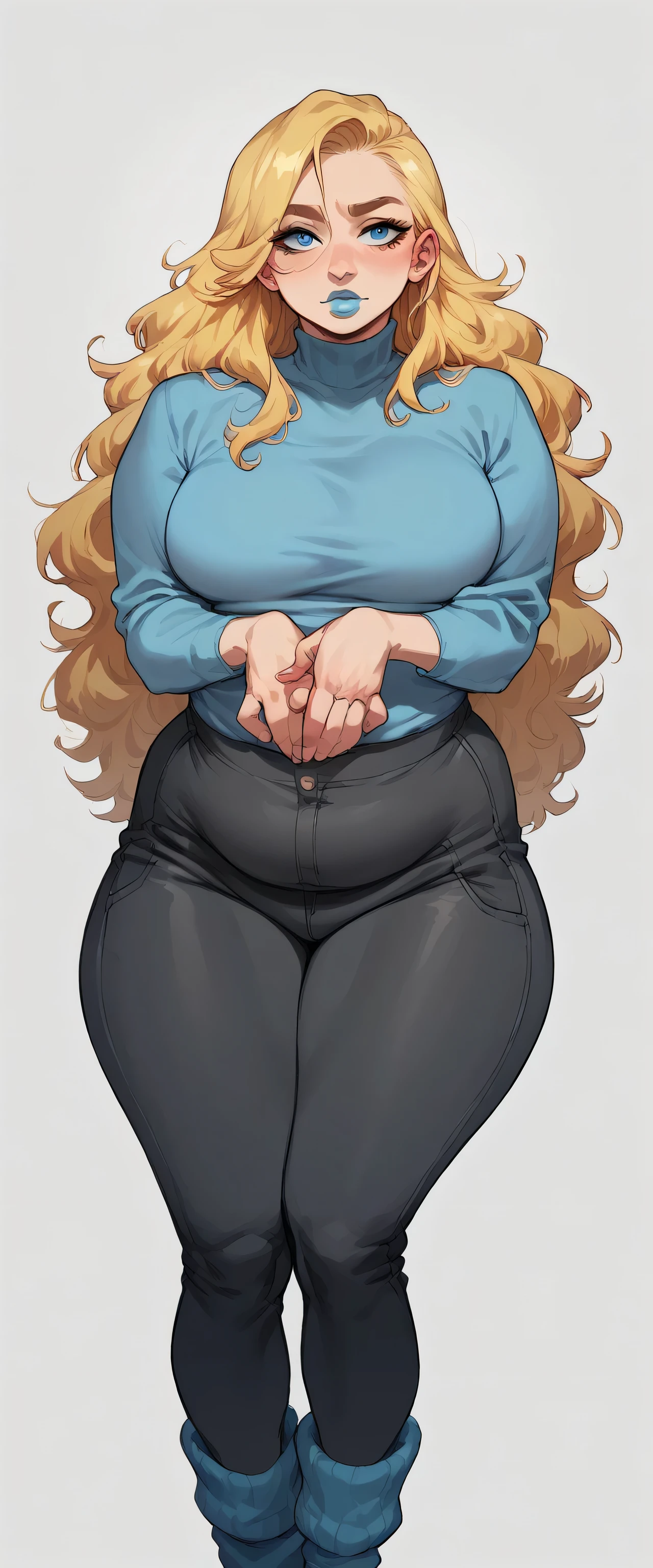 A sexy Russian girl big breasted beautiful beautiful long yellow hair wavy smooth her blue eyes bright pink lips wears overweight fleece gray blouse and a pair of black metallic pants polar blue socks snow boot