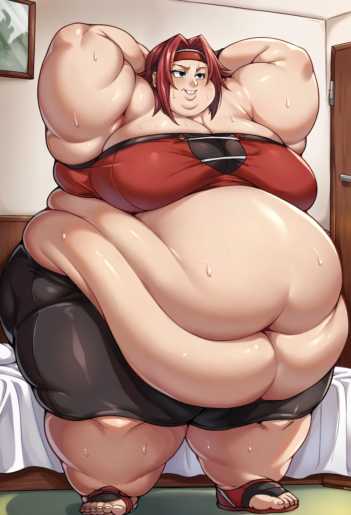 score_9, score_8_up, score_7_up, source_anime BREAK 1girl, kallen stadtfield, red hair, red headband, ganryu, tube top, black bike shorts, bedroom, smile, sweating, growing fatter, fat, chubby, obese, full body shot, gigantic arms and legs, squatting, arms behind head,