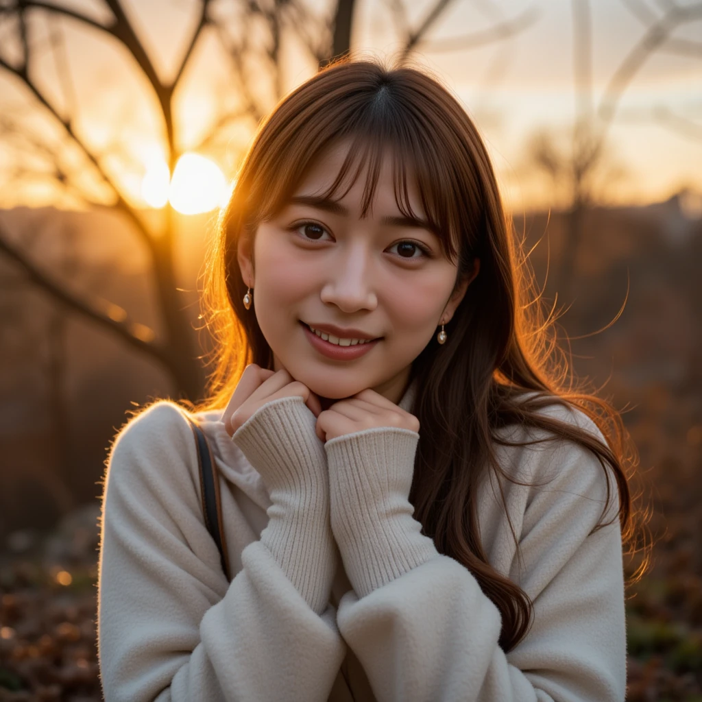 A bright and cheerful outdoor portrait of a young East Asian woman standing in a park during sunset. She has long, wavy hair that cascades over her shoulders, with warm brown highlights that catch the light beautifully. Her expression is joyful, with a wide, radiant smile that exudes warmth and happiness, adding a vibrant and inviting energy to the scene. She is dressed in a cozy, light-colored coat with soft, knitted cuffs, holding the collar close to her face, as if savoring the cool, crisp air of an autumn evening. A pastel-colored scarf is wrapped around her neck, adding a touch of gentle color and extra warmth to her outfit.

The background is softly blurred, featuring a picturesque sunset with shades of golden and orange hues that bathe the entire scene in a warm, glowing light. Silhouetted trees and foliage are visible in the distance, set against the vibrant sky, enhancing the tranquil, end-of-day atmosphere. The combination of her joyful expression, cozy outfit, and the warm glow of the sunset creates an inviting and heartwarming scene that captures the essence of a beautiful autumn evening.

The soft lighting illuminates

Her posture is relaxed, with one arm resting gently on her knee, adding to the feeling of comfort and ease. Small gold earrings complement her look, adding a hint of refinement without overwhelming her natural beauty. The overall color palette of the image consists of warm tones, with soft beige, cream, and deep red hues, creating a harmonious blend that emphasizes the cozy, intimate mood of the scene.

The ambiance is peaceful, almost contemplative, capturing a private moment of calm and quiet joy. The combination of her graceful pose, subtle smile, and elegant outfit creates an image that feels both timeless and modern, embodying a sense of understated beauty and sophistication. The scene highlights the harmony between her soft expression and the warm, inviting surroundings, making for a captivating portrait of serene, elegant charm.


