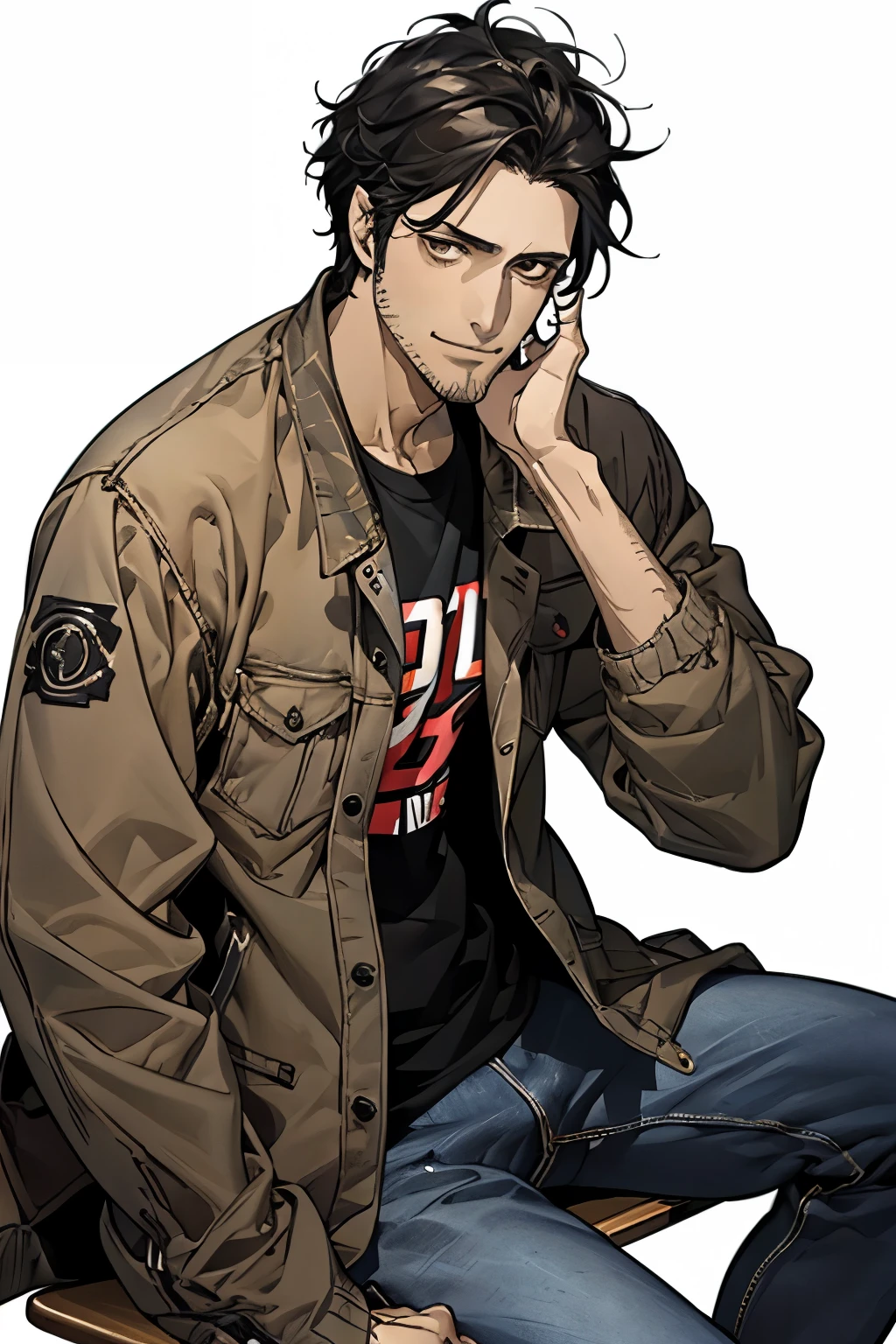 male,Black Hair, Unkempt hair,((40 year old man )), Untidy clothes, jeans, (White background),  brown skin , Stubble, slouchy smile