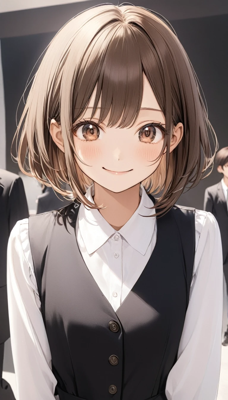 A 20 year old woman、 long bob with brown hair 、The clothes are white shirts and black suits、The expression is a gentle smile 、cute、