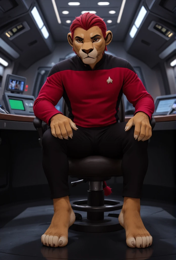 (((Barefoot furry character, full body, cinematic setting, furry boy, anthro lion, plantigrade))), (((anime))). beefy, muscular (((Kion))), (((younger Kion wearing red TNG uniform))), black shoulders, black pants, focused, determined, ((nice detailed feet paws with claws))), (((four toes))), short red hair, red tip of a tail, (((correct anatomy))) (((sitting in captain chair in command center of starship, bridge of the starship))), showing soles to viewer. BREAK, intricate details, highly detailed, extreme detail, octane render, fine art, best quality, highres, (detailed face:1.5), ((full_body)), UHD, (((perfect hands))), ((low light:1.5))